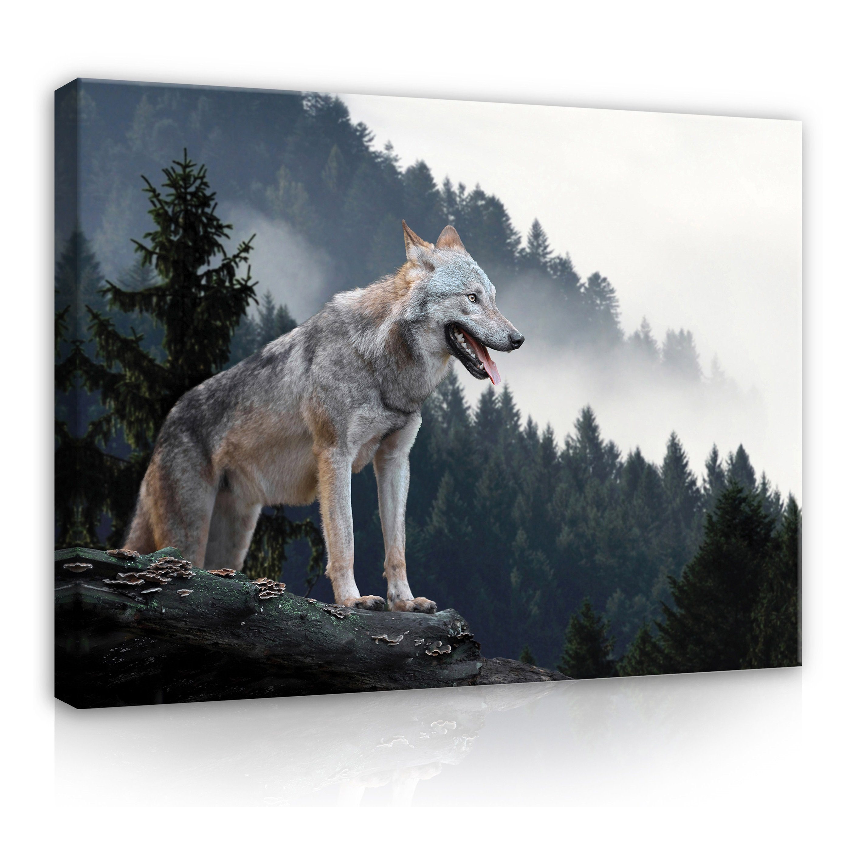 Wallarena Leinwandbild Wolf Wald Nebel Tiere Natur Wandbild XXL Leinwandbilder Modern, Wolf in den Bergen (Einteilig), Aufhängefertig