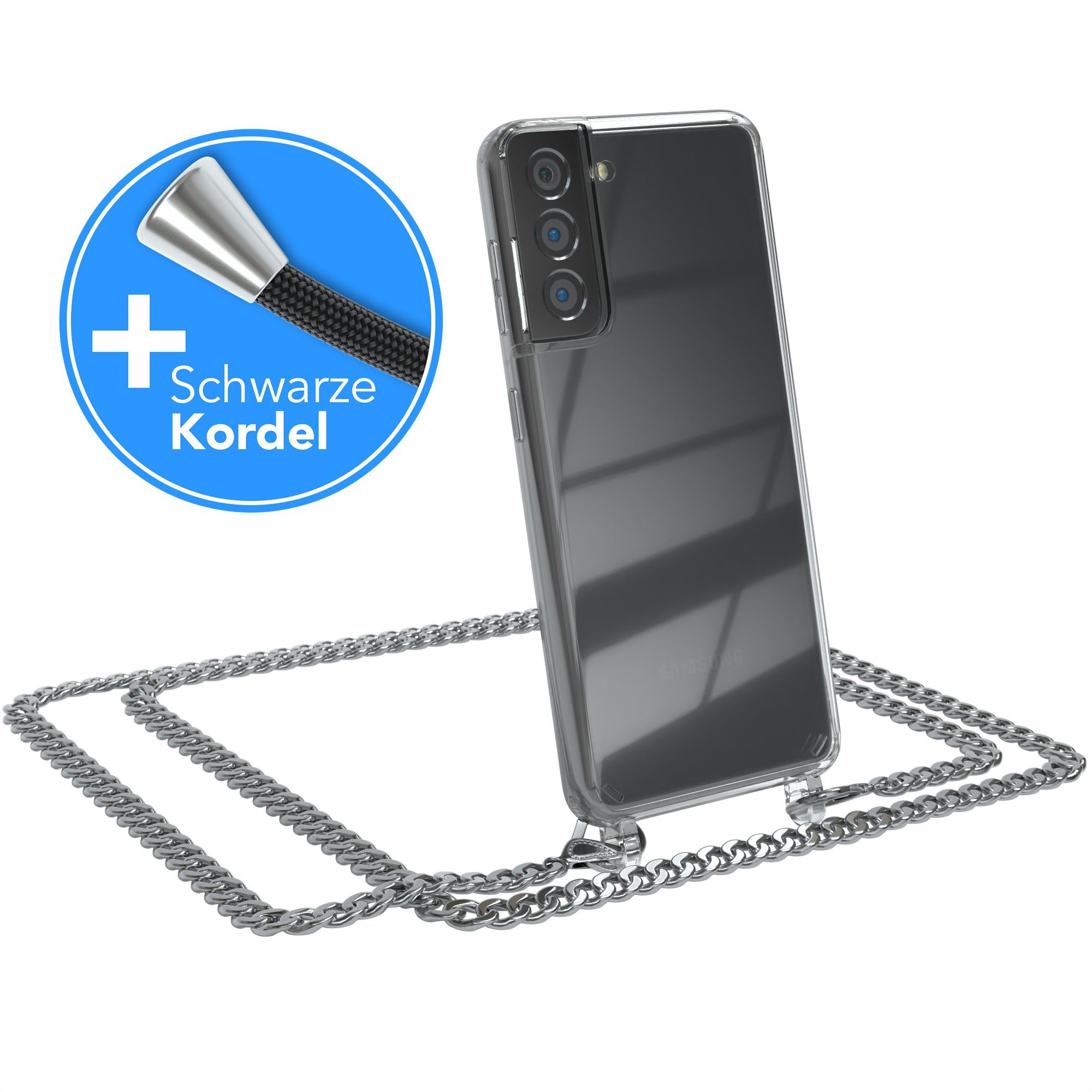EAZY CASE Handykette 2in1 Metallkette für Samsung Galaxy S21 5G 6,2 Zoll, Hülle mit Kette Metallkette Slimcover Handykette Umhängetasche Silber