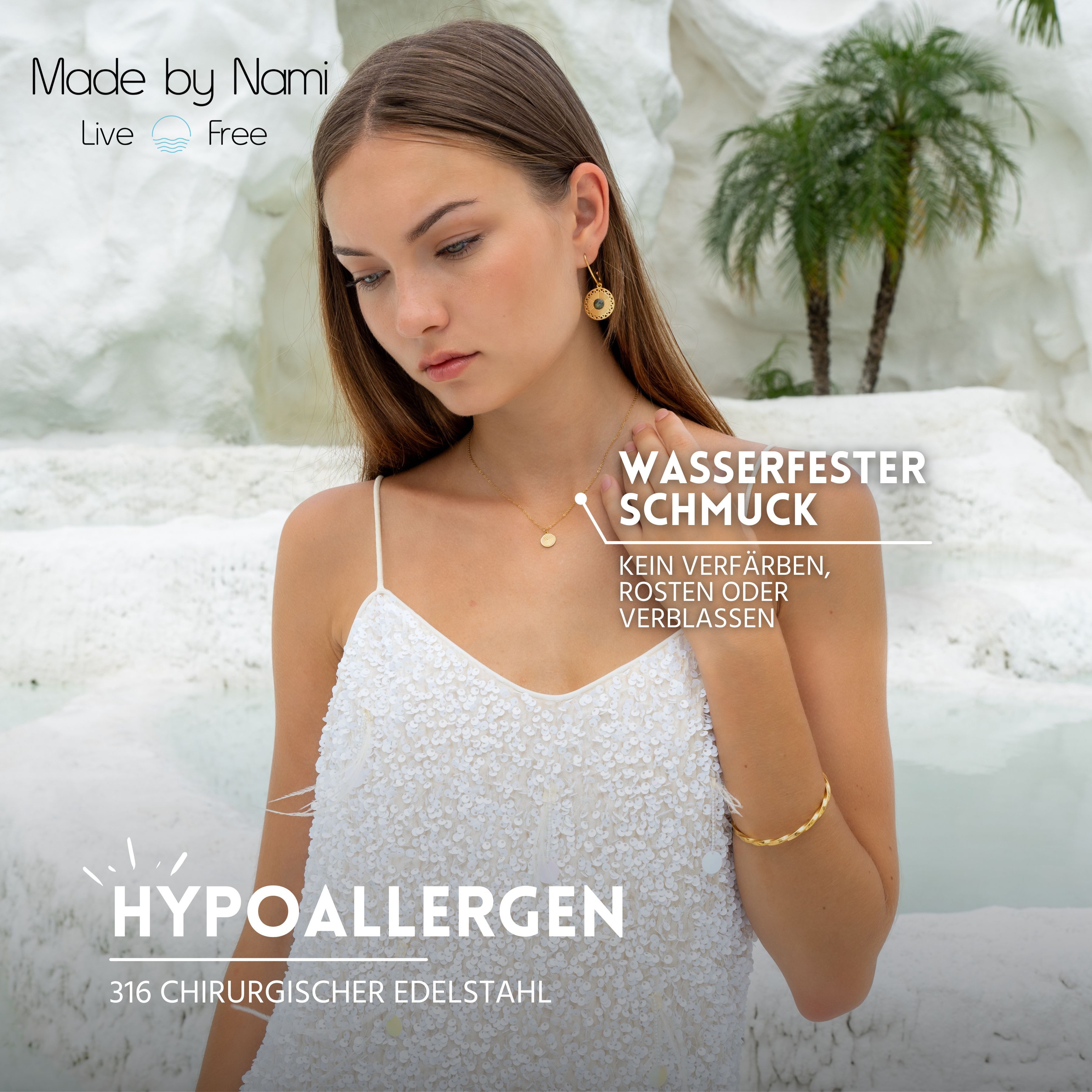 Made by Nami Schmuckset Mehrteilig Damen Gold aus Edelstahl Wasserfest, Halskette + Armreif + Ohrringe- Hypoallergen - Wasserfest