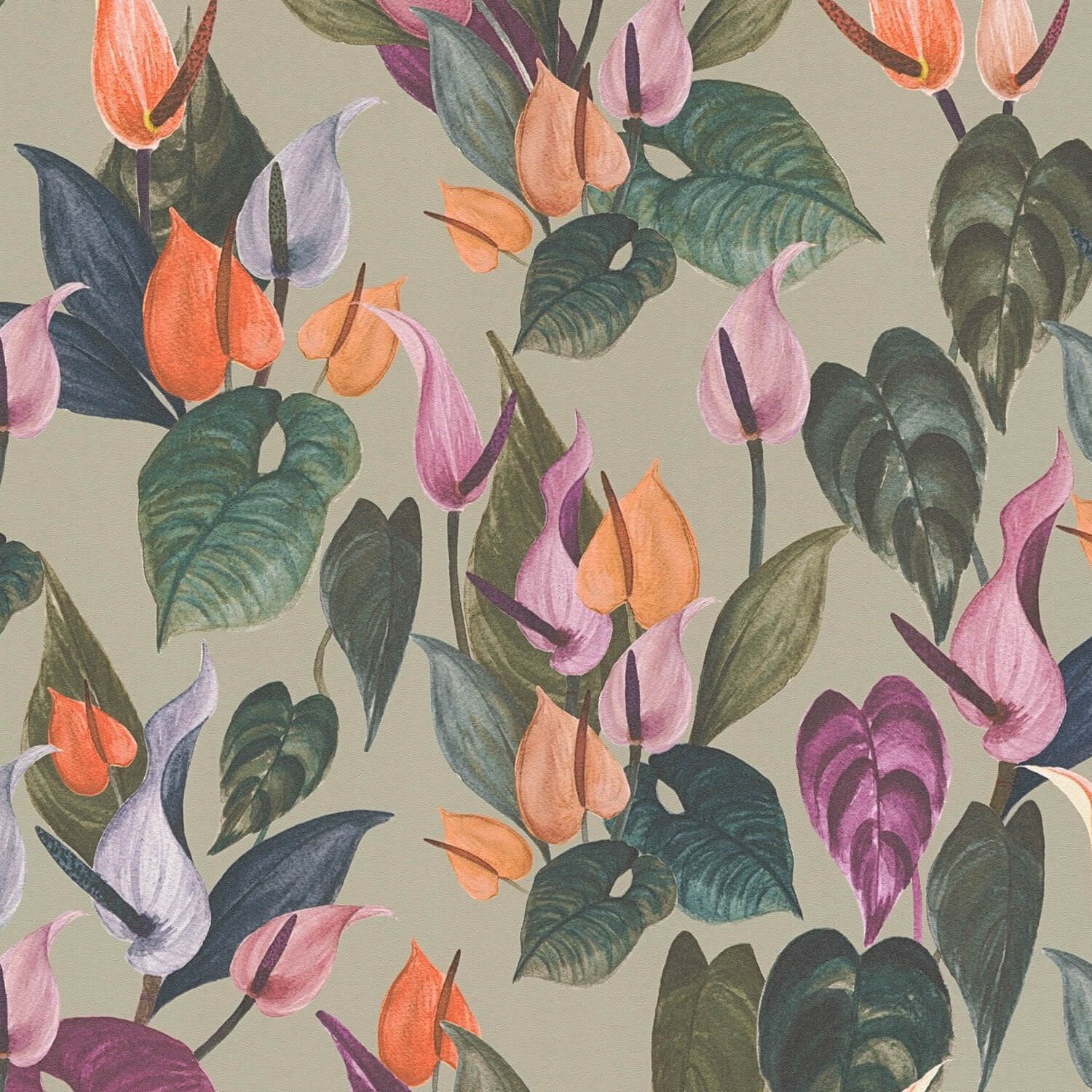 Profhome Vliestapete 782102-GU Blumen Tapete Floral matt grau grün-braun orange-rot, glatt, (1 Rolle, 5,33 qm), heißgeprägte Vliestapete, grau