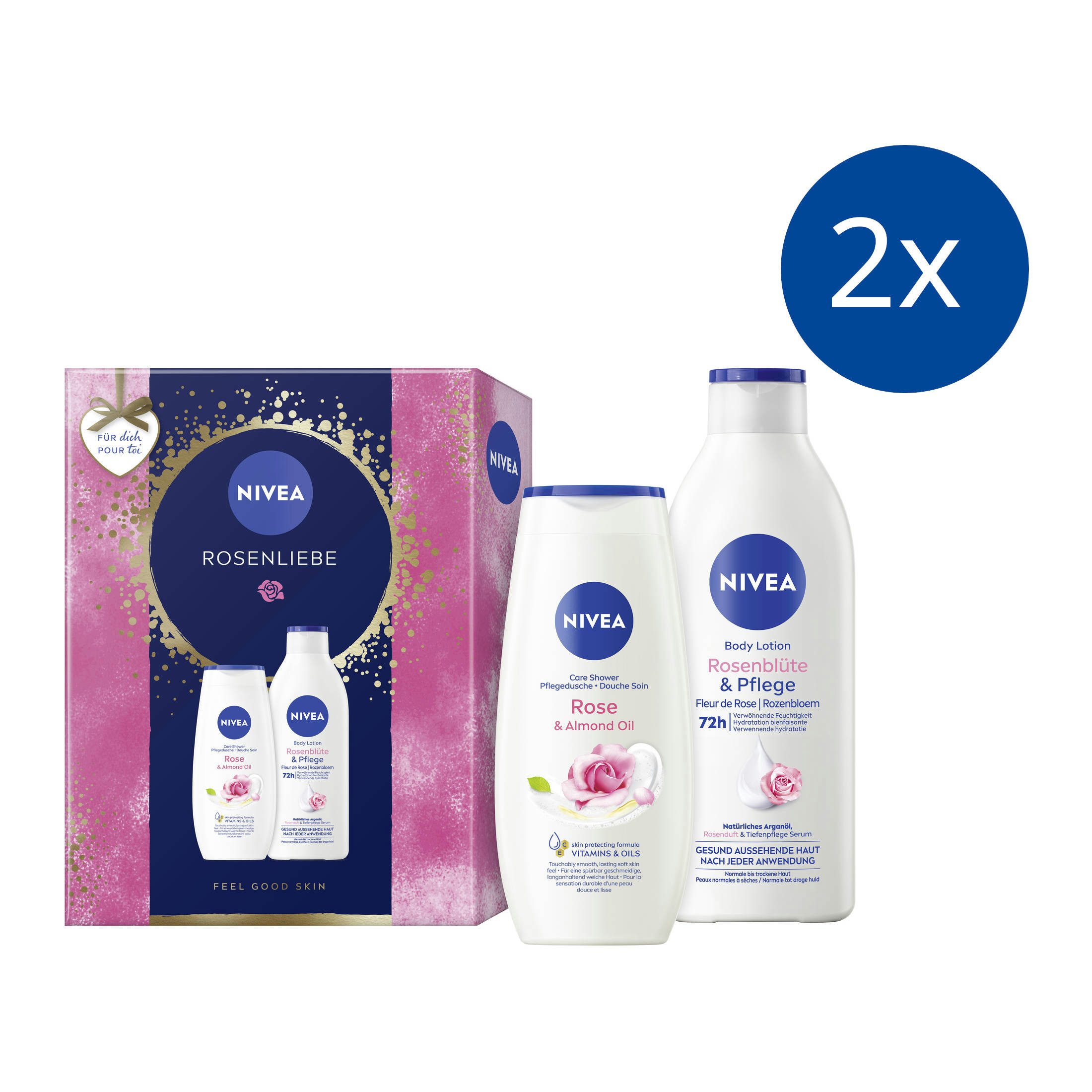 Feuchtigkeitspflege-Set 2 x Geschenkset Rose & Almond Oil Pflegedusche + Rosenblüten