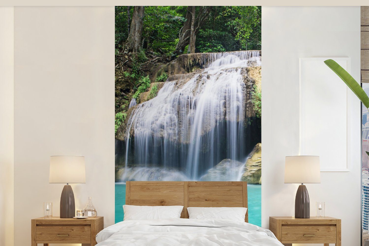 MuchoWow Fototapete Wasser - Wasserfall - Bäume, Matt, bedruckt, (2 St), Vliestapete für Wohnzimmer Schlafzimmer Küche, Fototapete