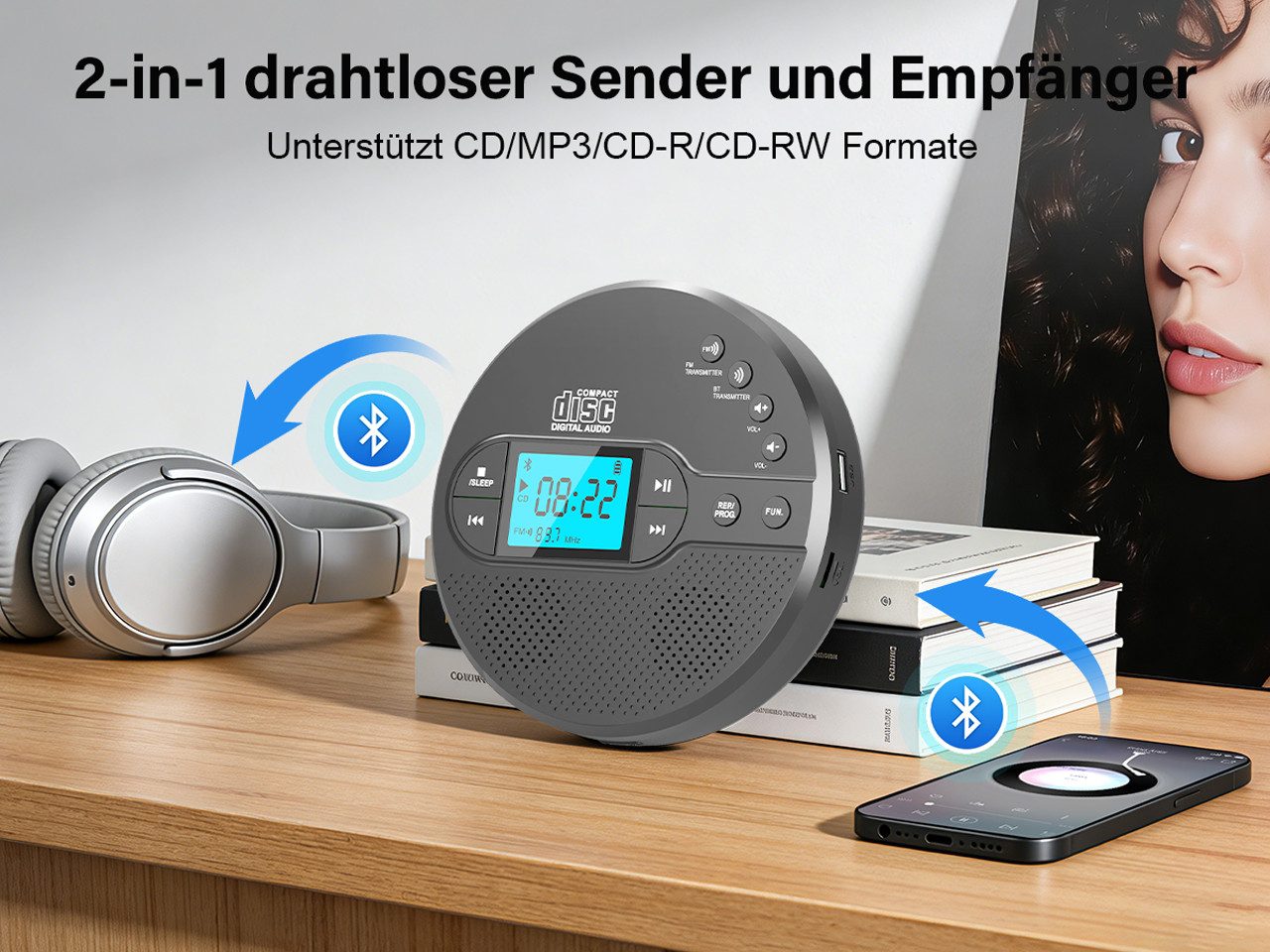 Greadio CD35 Tragbarer CD-Player Discman mit Bluetooth & Akku, FM-Sender tragbarer CD-Player