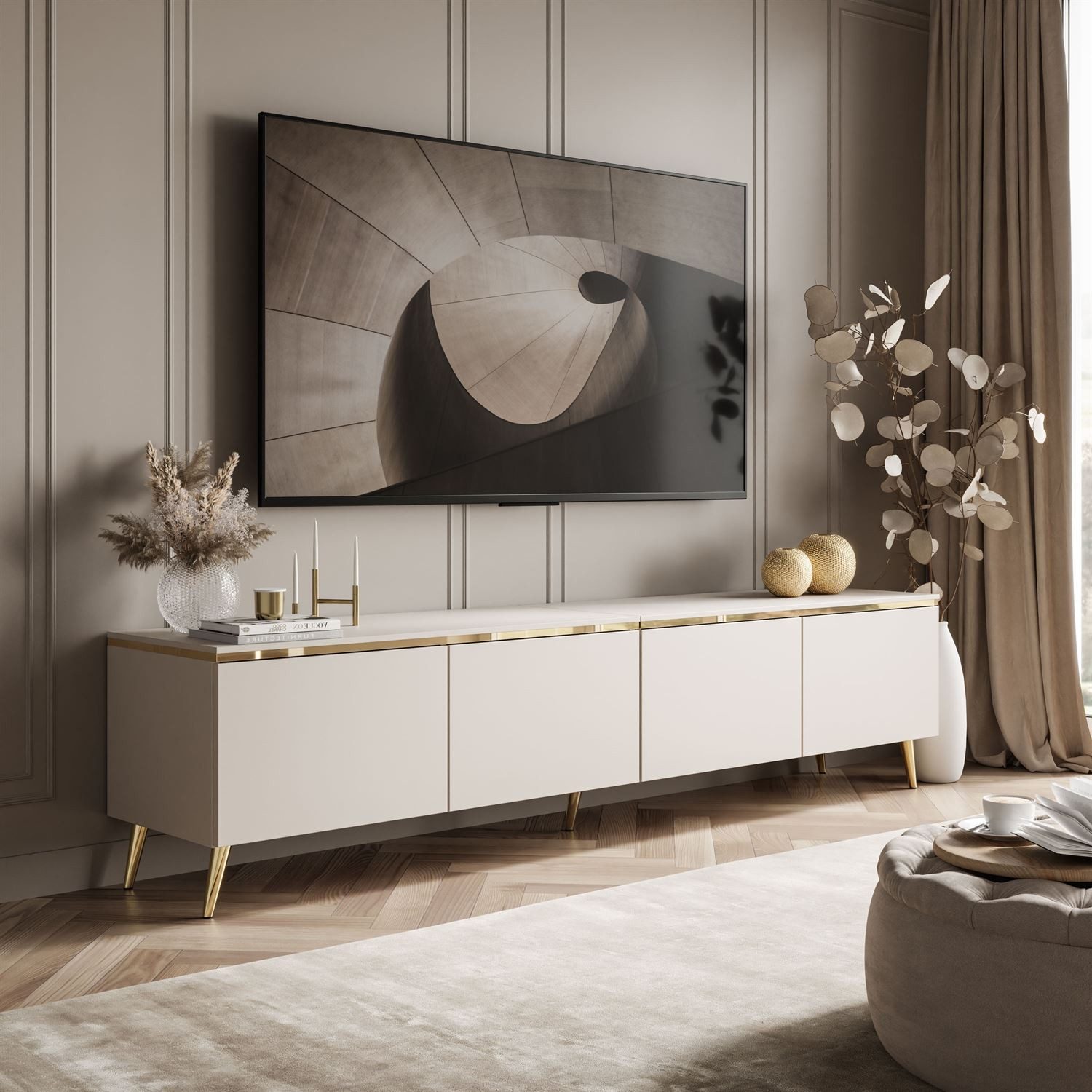 Lookway TV-Schrank CELINE KASCHMIR 200 cm auf goldenen Füßen mit LED-Beleuchtung Breite; 200 cm