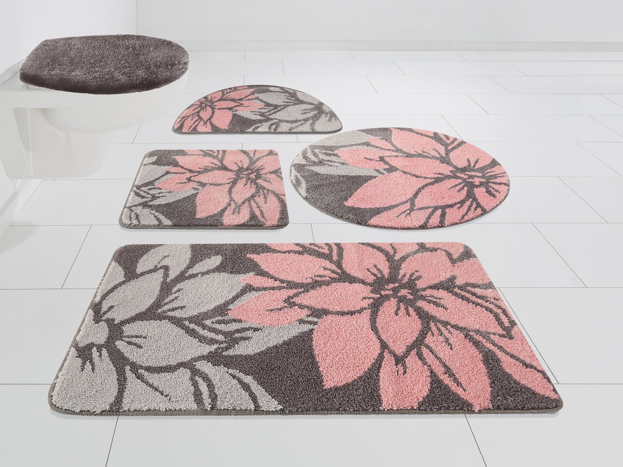 my home Badematte Susan, Höhe 15 mm, fußbodenheizungsgeeignet, strapazierfähig, Polyester, rechteckig, Blumen-Muster, Badteppich, Badematten auch als 3 teiliges Set & rund
