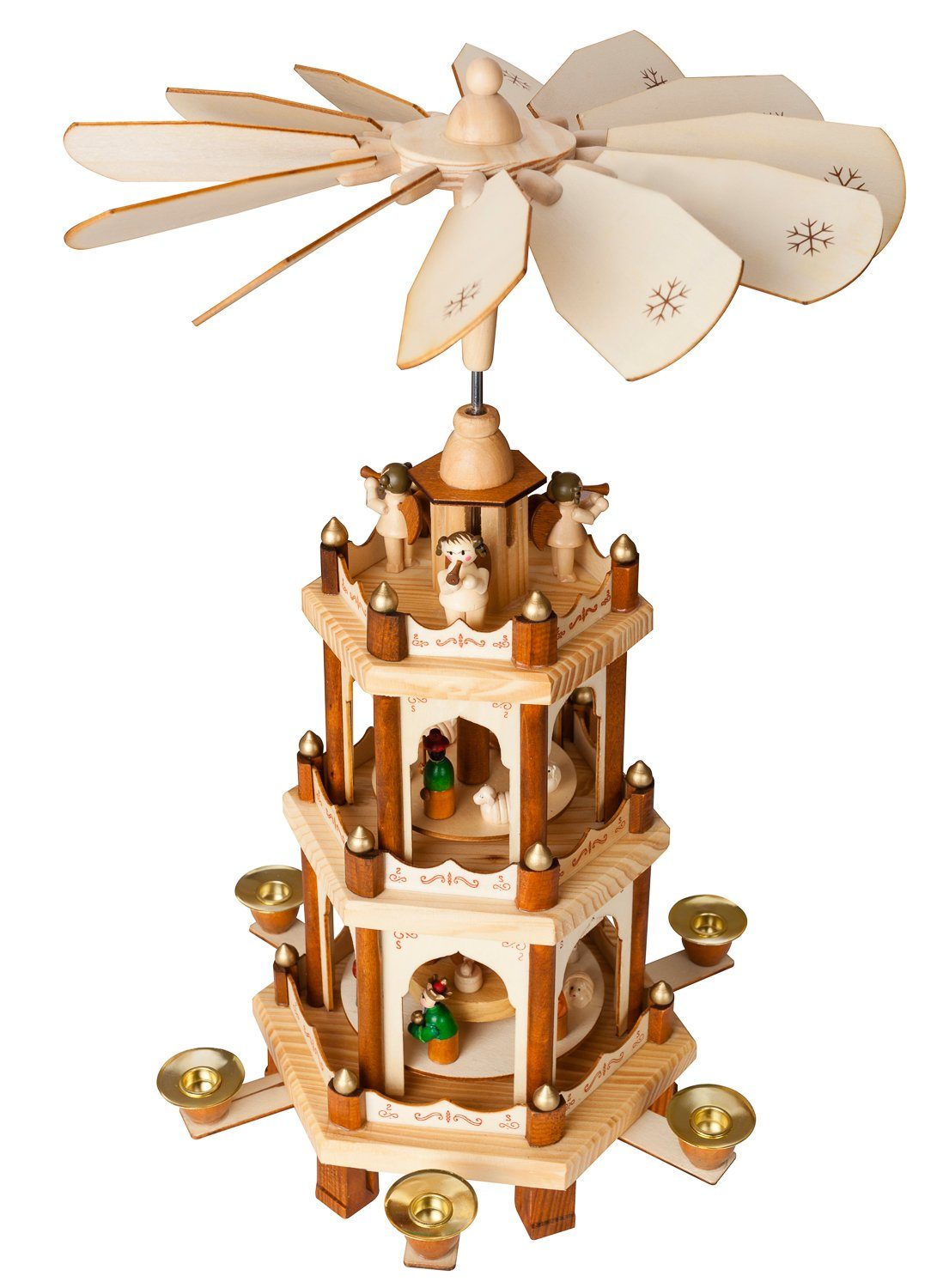 BRUBAKER Weihnachtspyramide Naturfarbene Holzpyramide mit 3 Etagen, Holz Tischpyramide 45 cm hoch handbemalte Figuren, Weihnachtsdeko