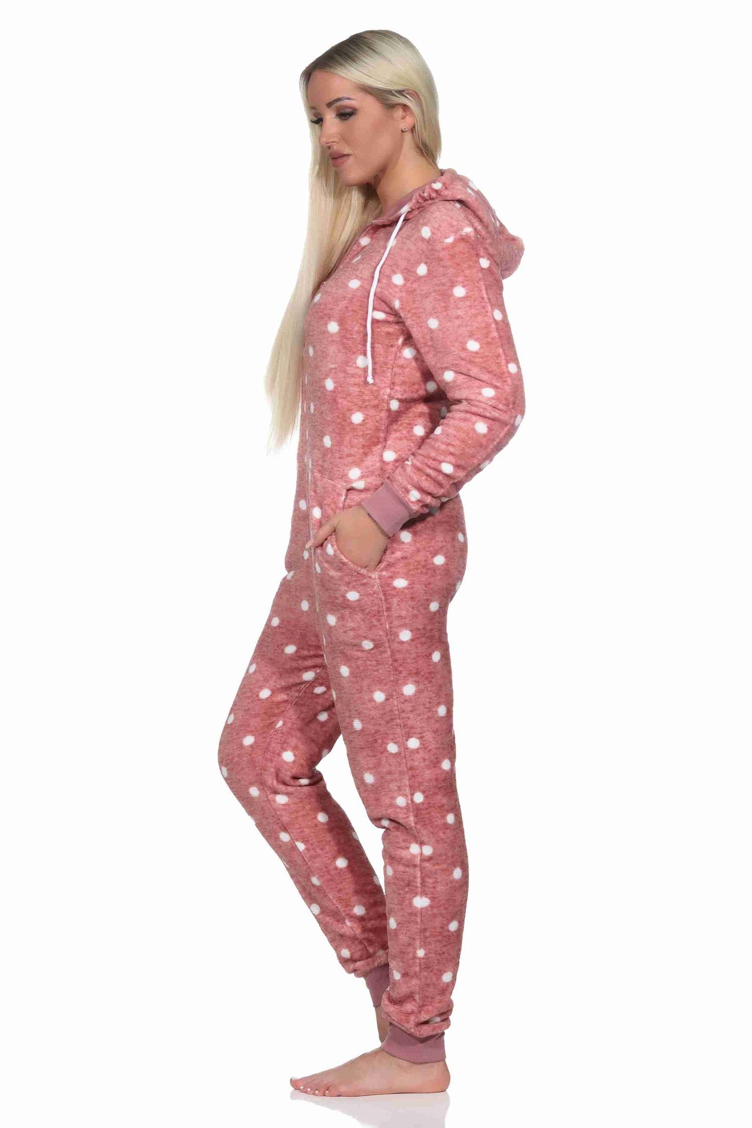 Normann Pyjama Kuschelig warmer Damen Jumpsuit Schlafanzug Overall aus  Coralfleece in Tupfen Punkte Optik