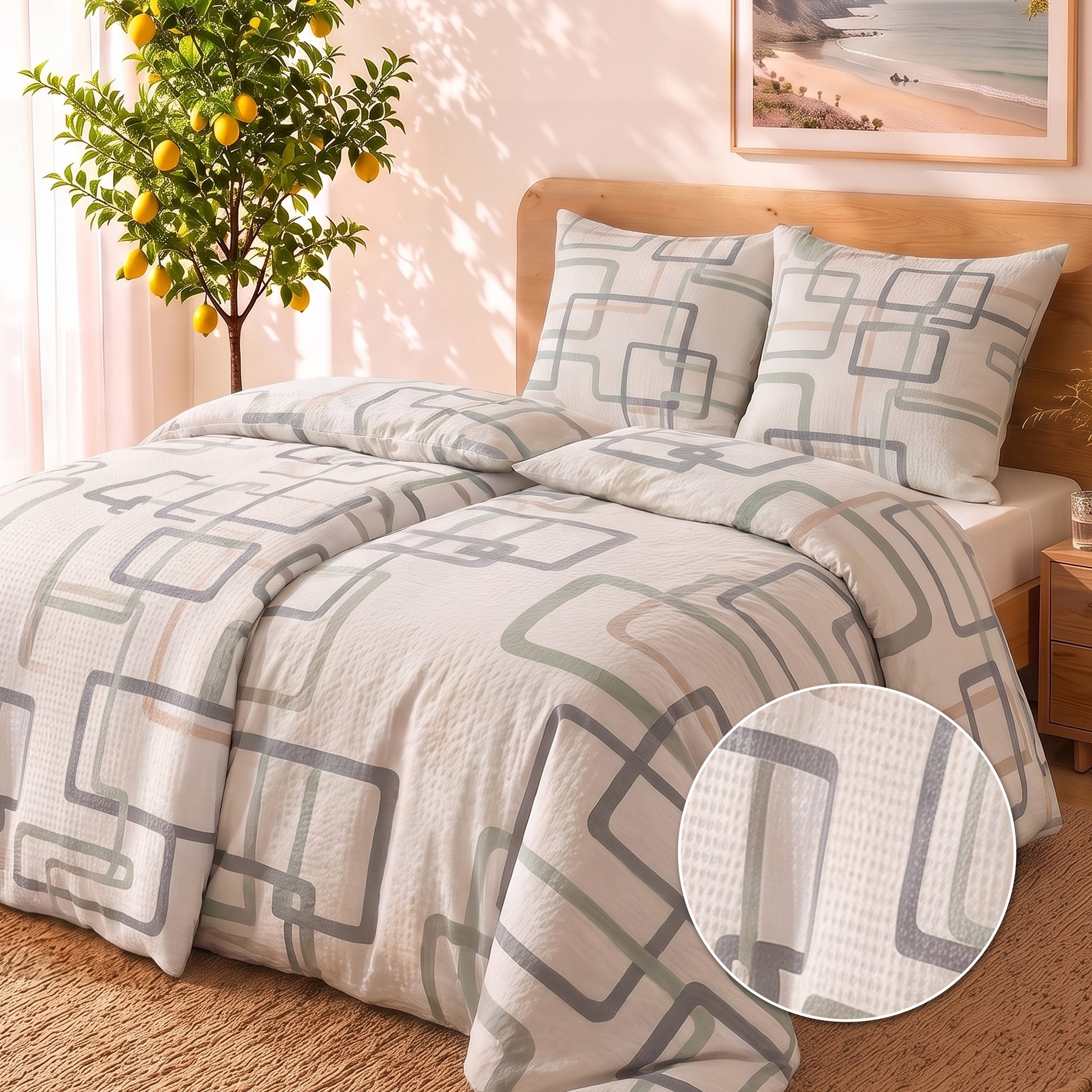 Malika Bettwäsche aus 100 % Mikrofaser, 1x 240x220 + 2x 80x80 cm, Seersucker, Boxen, Seersucker, 3 teilig, Für Allergiker geeignet, pflegeleicht, angenehm weicher Stoff