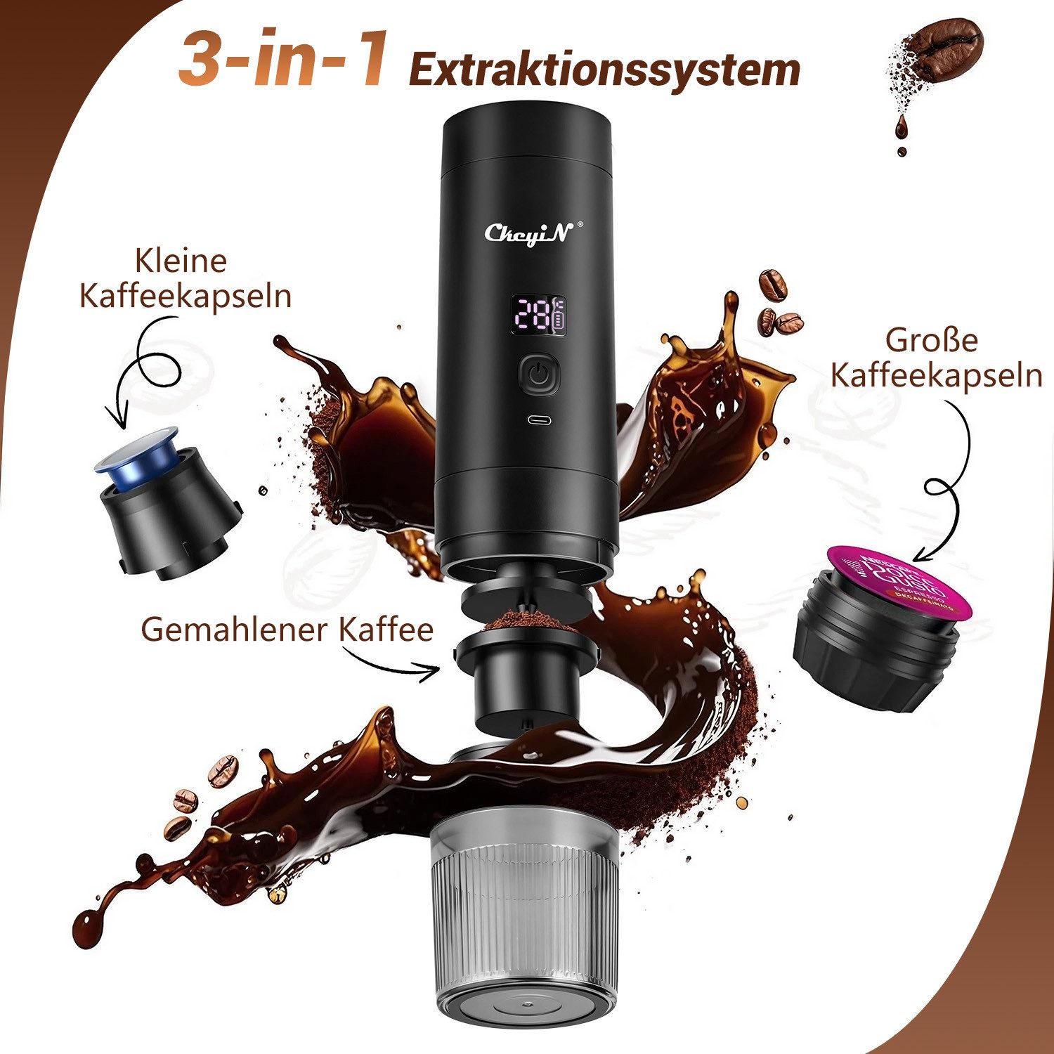 CkeyiN Reisekaffeemaschine Tragbare Espressomaschine für Kapseln/Pulver/Tee, 0,2l Kaffeekanne, Korbfilter, 3 in 1 Camping-Kaffeemaschine