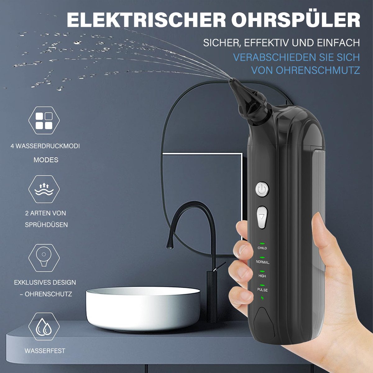 MOPUEA Ohrenreiniger Wasserbetriebener Elektrisches Ohrreinigungsset mit 4 Druckmodi Sicher, Elektrisches Ohrenreinigungssystem mit umfassendem Zubehör für sichere Reinigung., Ohrensystem mit ergonomischer Ohrmuschel und 4 Druckmodi., IPX7 wasserdicht, kinderfreundliche Modi und 60 Tage Betriebsdauer.