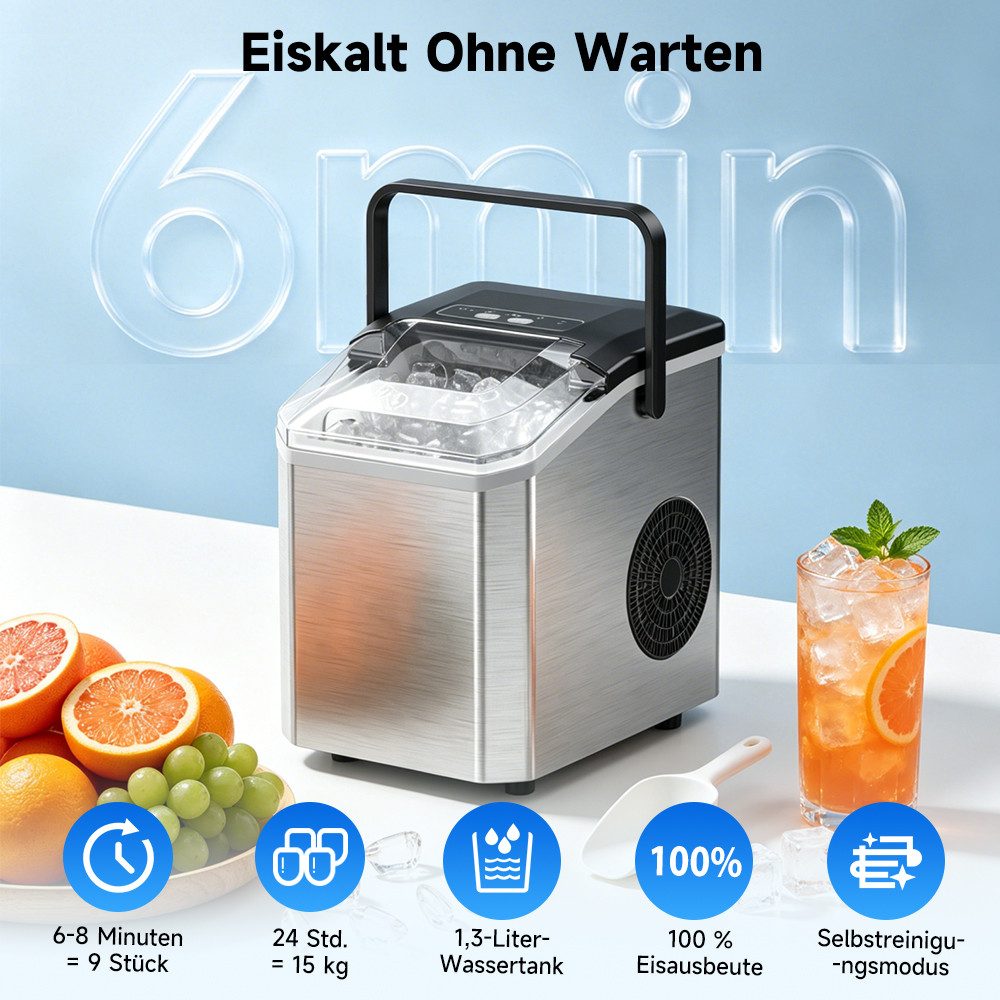 hganus Eiswürfelmaschine Ice Maker 1.3L/2 Größen/15 kg/24 H 9 Würfel in 6 Minuten, 1,3 l integrierter Wassertank; LED-Anzeige;für Küche,Büro
