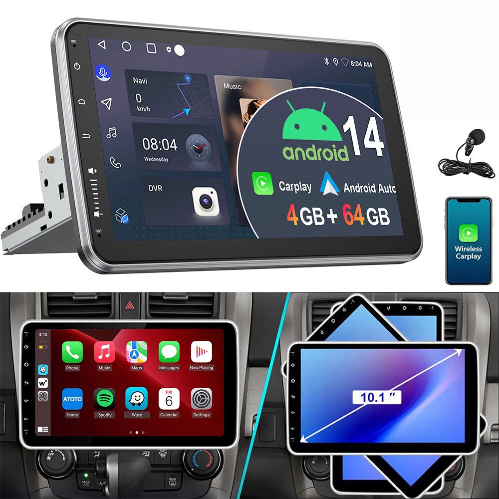 ESSGOO 4+64G Android 14 Carplay Autoradio Navi 1 DIN 360° Drehbar Bildschirm Autoradio (Digitalradio (DAB), FM, RDS)