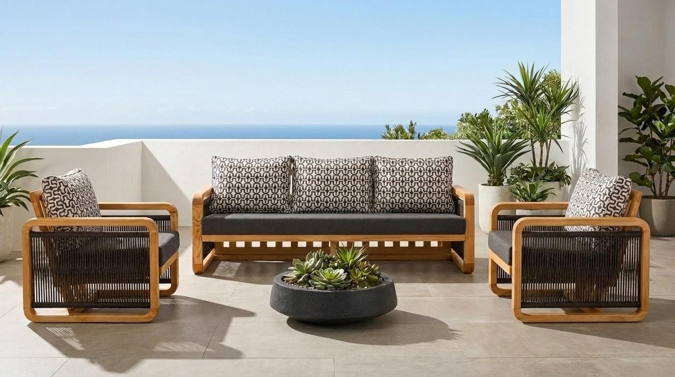 Xlmoebel Gartenlounge-Set Gartenlounge Set 3-Sitzer Sofa Sessel Schwarz Kissen Modern, (3-tlg., 3-tlg)