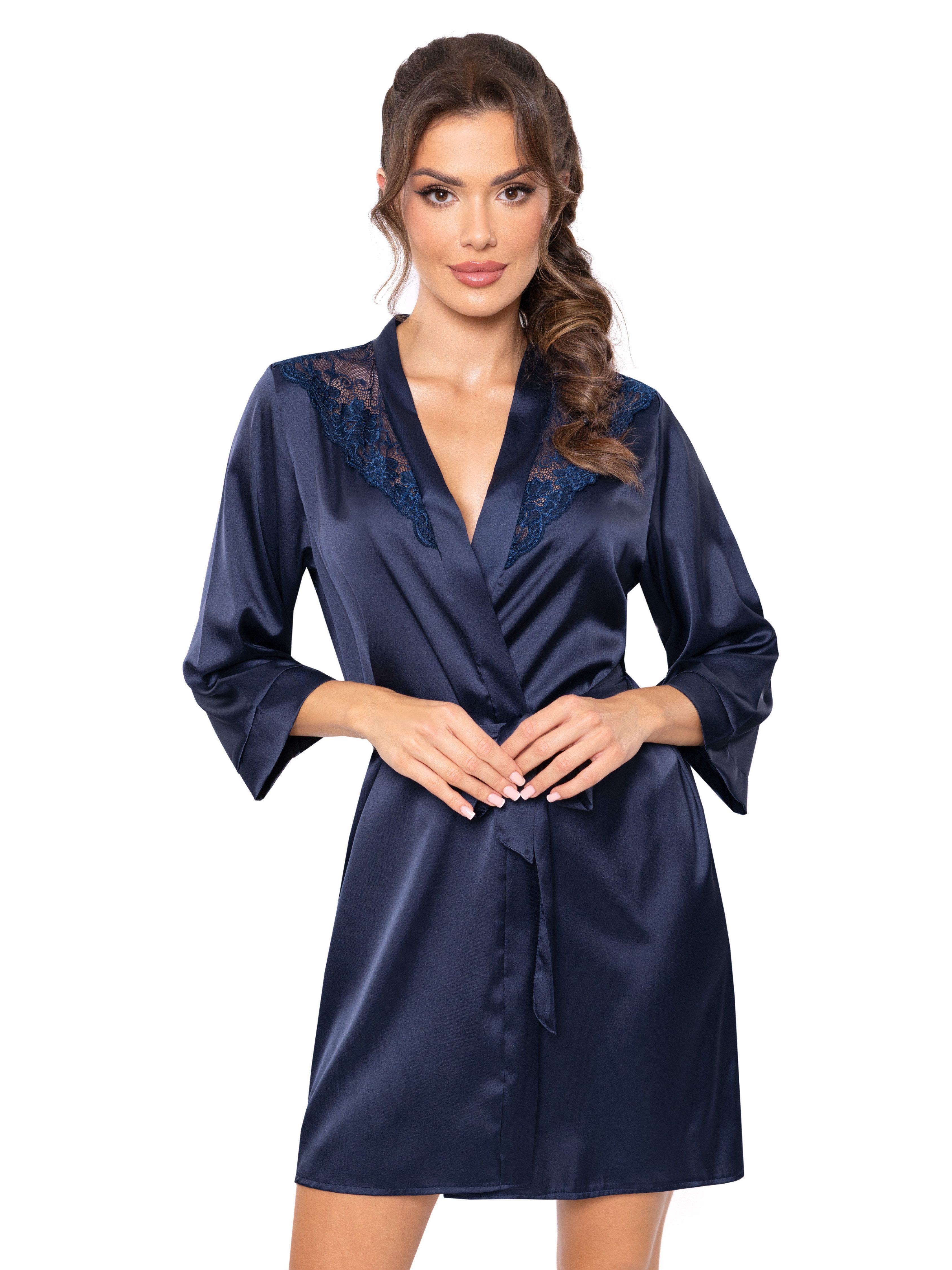 Donna Morgenmantel Kimono aus edlem Seidensatin-Stretch, Seiden-Satin, Kimono-Kragen, Gürtel, Kurzform, Kimono-Kragen, Bindegürtel, mit Spitzeneinsätzen