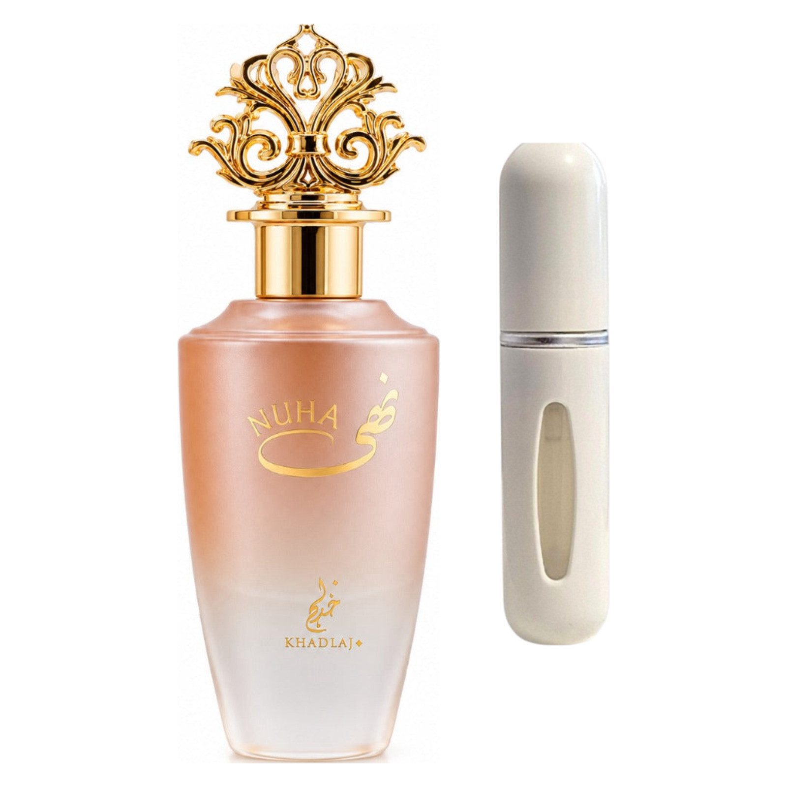 Khadlaj Duft-Set Nuha EDP – Blumig Fruchtig + Parfümzerstäuber (leer)