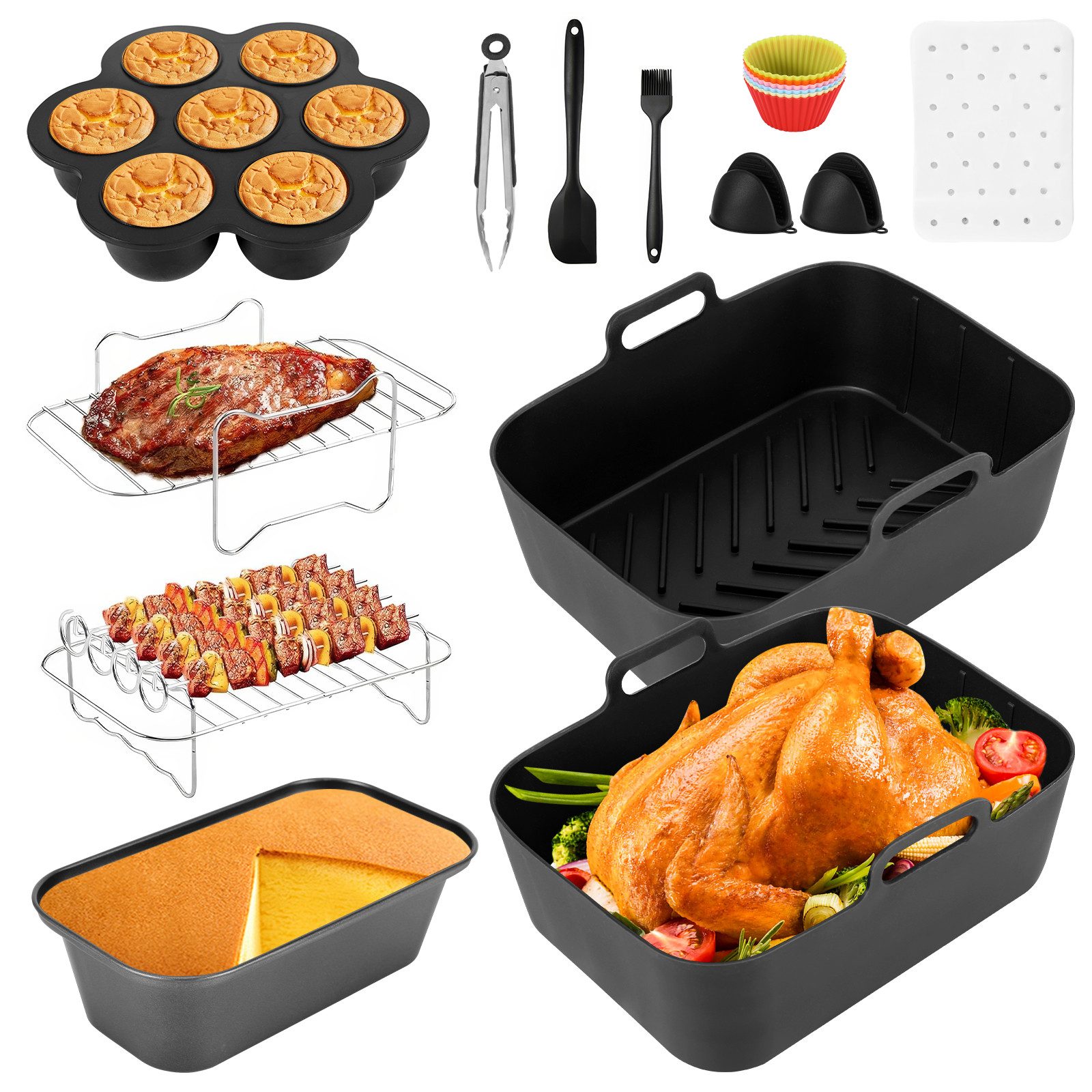 BlingBin Küchenmaschinen Zubehör-Set 12 Stück Zubehör Heißluftfritteuse für Ninja AF300EU/ AF400EU, Zubehör für Ninja Foodi Air Fryers AF400EU, AF500EU, AF300 EU., Silikoneinsatz für Heißluftfritteuse Air Fryer Accessories Set
