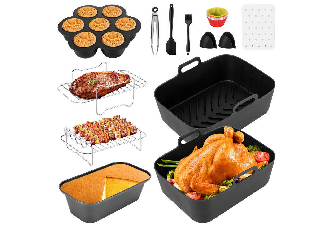 BlingBin Küchenmaschinen Zubehör-Set Heißluftfritteuse Zubehör für Ninja AF400EUAF300EU Foodi Max Dual Zone, Zubehör für AF400EU AF300EU, 7,6–9,5 L, Silikonform, Grillrost & Backform zur Kocherweiterung