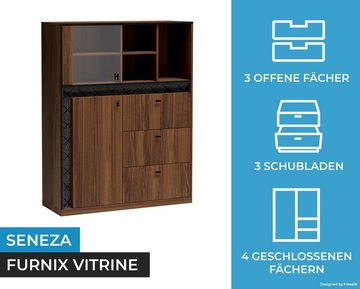 Furnix Anrichte SENEZA S-3 Vitrine mit 3 Schubladen & 1 Glastür Warmia Nussbaum, Vintage-Stil, Verglasung- gehärtetes Glas, getönt