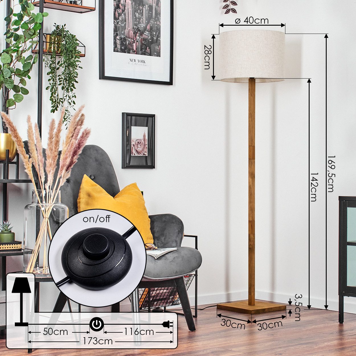 hofstein Stehlampe Stehlampe mit Holzfuß und Schirm aus Stoff, ohne Leuchtmittel, Boho-Style, skandinavisches Design (40 cm), Fußschalter, 1 x E27 – Bild 4 von 5