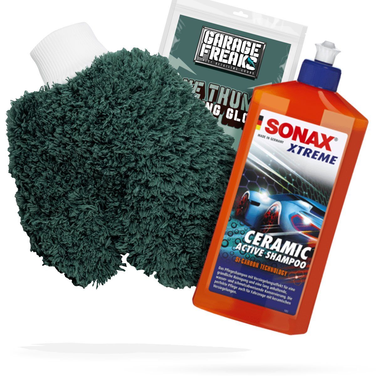 Auto Waschhandschuh Waschset Garage Freaks + Autoshampoo SONAX Ceramic Auto-Reinigungsmittel
