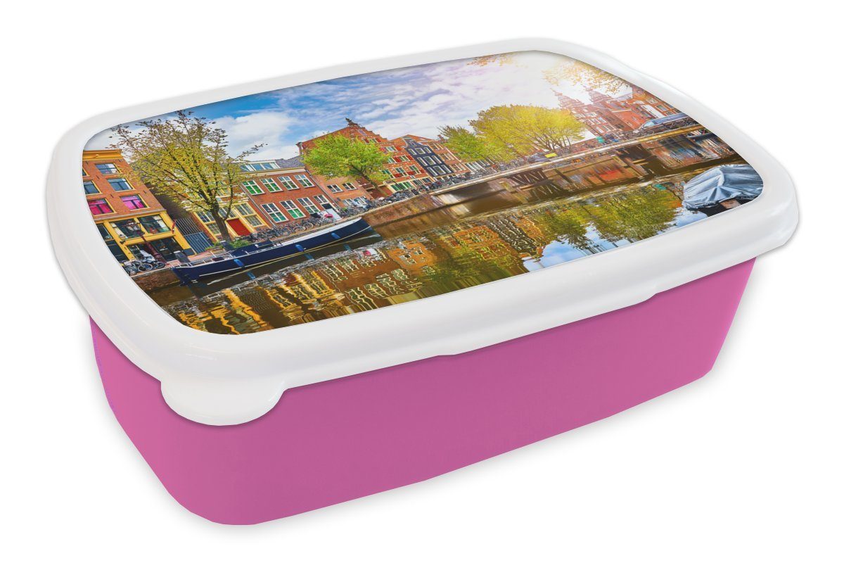 MuchoWow Lunchbox Kanal - Amsterdam - Frühling, Kunststoff, (2-tlg), Brotbox für Erwachsene, Brotdose Kinder, Snackbox, Mädchen, Kunststoff rosa