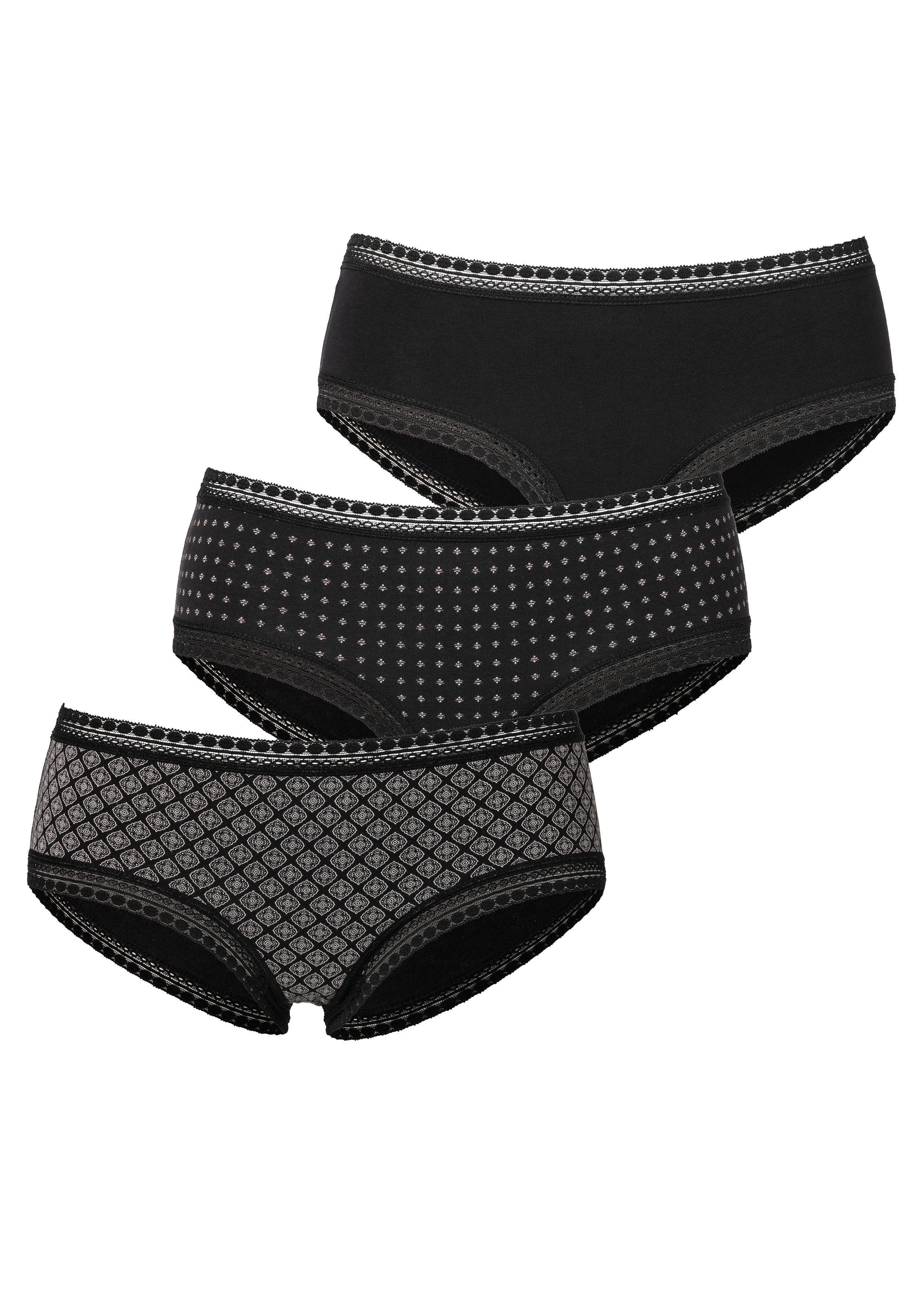 Spitze weicher Panty Baumwolle LASCANA 3-St) elastischer aus schwarz (Packung, mit