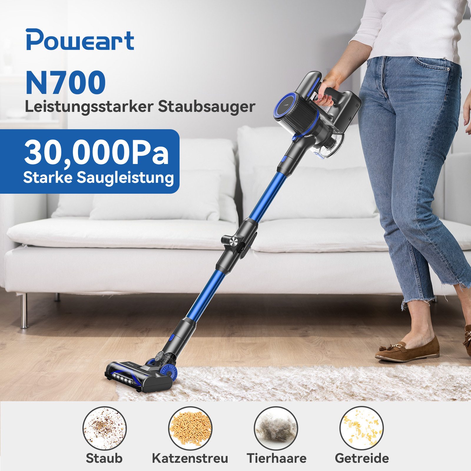 POWEART Akku-Hand-und Stielstaubsauger N700 Akku-Staubsauger, Elektrobürste mit LED-Beleuchtung, 250 W, beutellos, Mehrstufige Zyklonfiltration,Saugstufen (12/25kPa),Geräusch ≤78dB