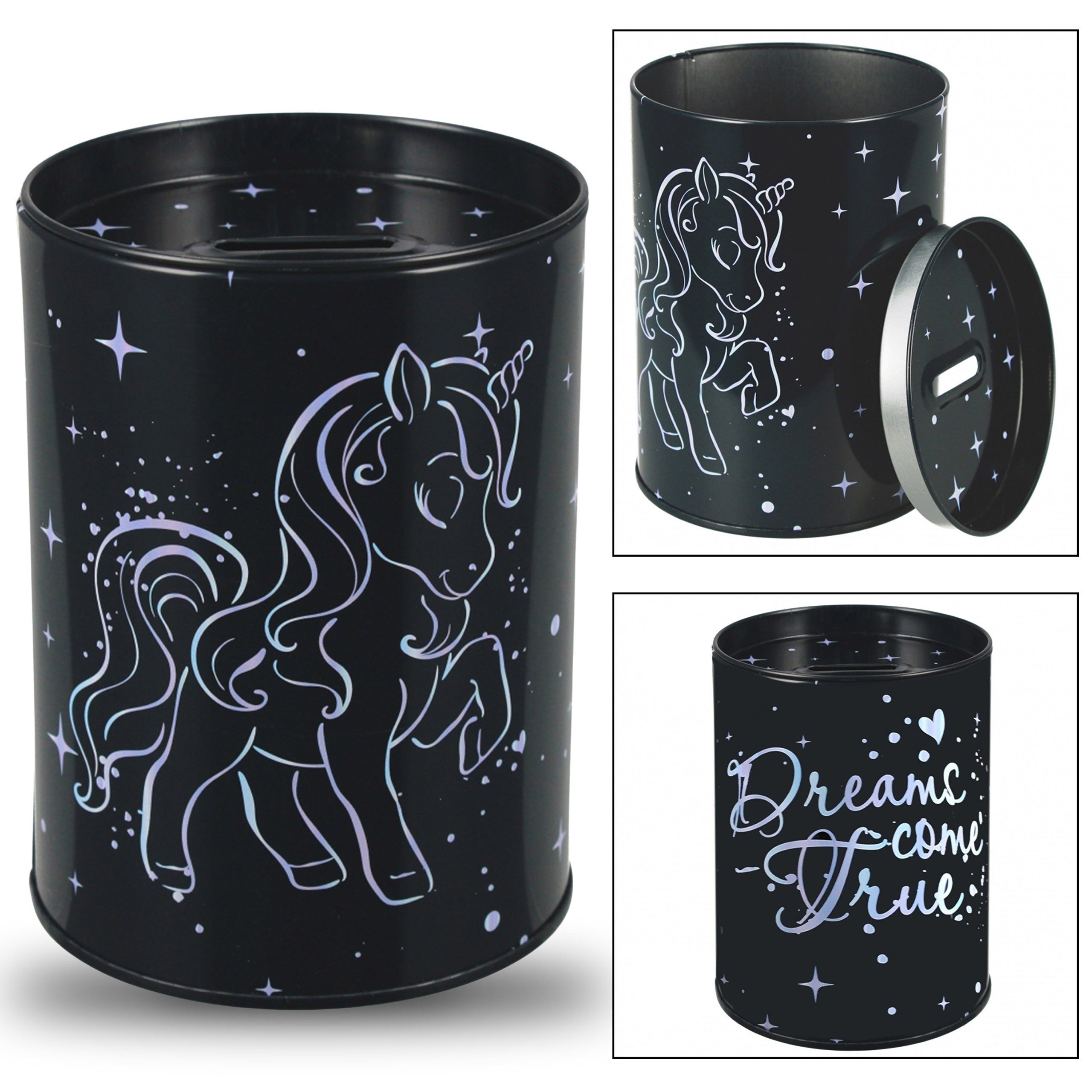 Spardose Einhorn holographische Metallspardose, Sparbüchse für Kinder STARPAK