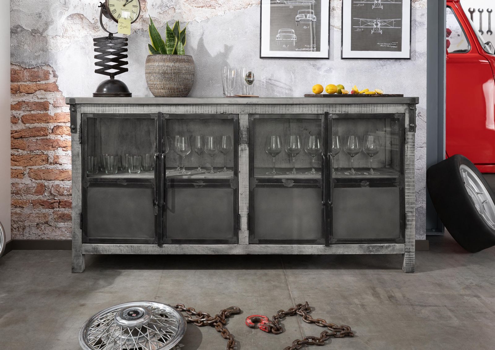 Massivmoebel24 Sideboard HEAVY INDUSTRY (Massivholz), Sideboard Mango 180x40x90 grau lackiert HEAVY INDUSTRY #150