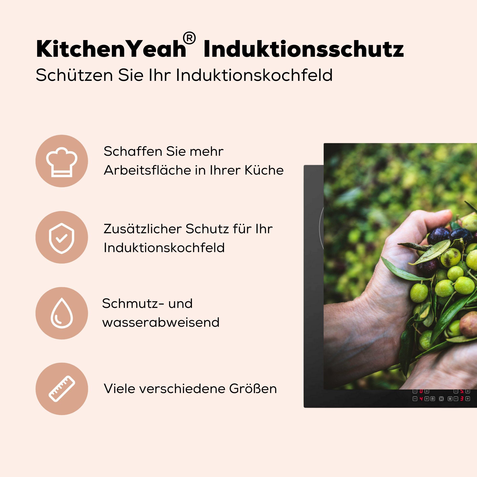 MuchoWow Herdblende-/Abdeckplatte Oliven - Hand (1 81x52 küche, cm, tlg), Induktionskochfeld für Blätter, die Ceranfeldabdeckung Schutz - Vinyl