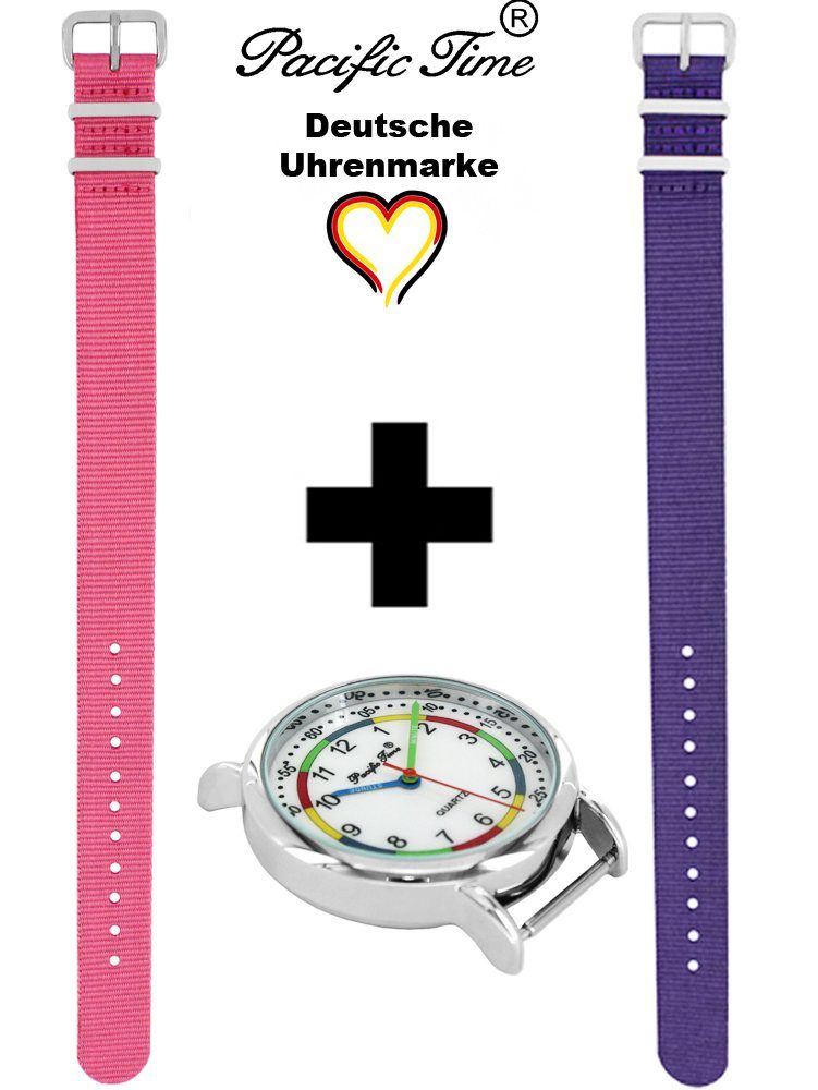 Pacific Time Quarzuhr Set Wechselarmband, Kinder rosa Design Lernuhr und und violett Versand Gratis Mix Armbanduhr - First Match