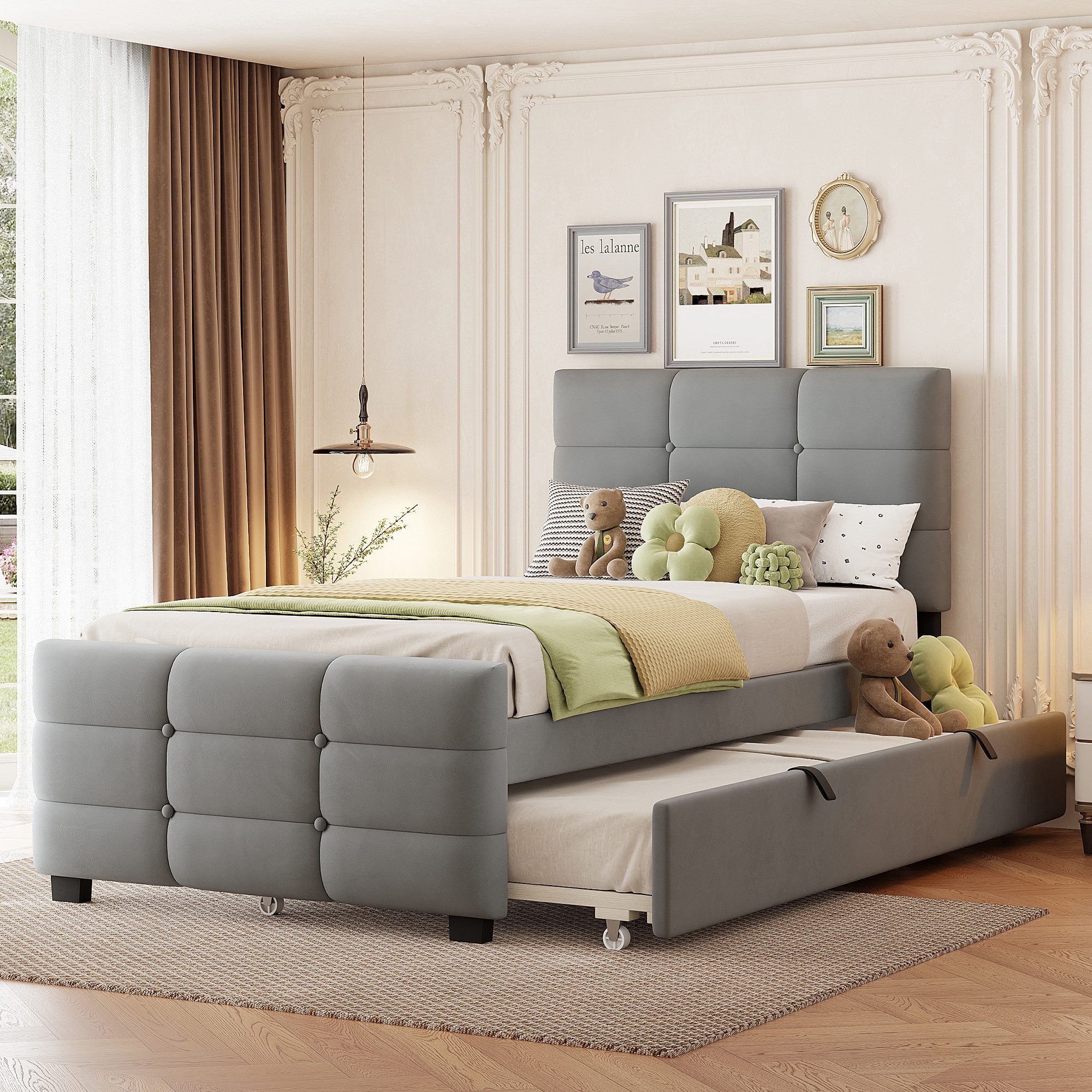 OKWISH Polsterbett Kinderbett Funktionsbett (flaches Einzelbett aus weichem, mit Ausziehbett, hautfreundlichem Samtstoff, 90x190 cm), ohne Matratze