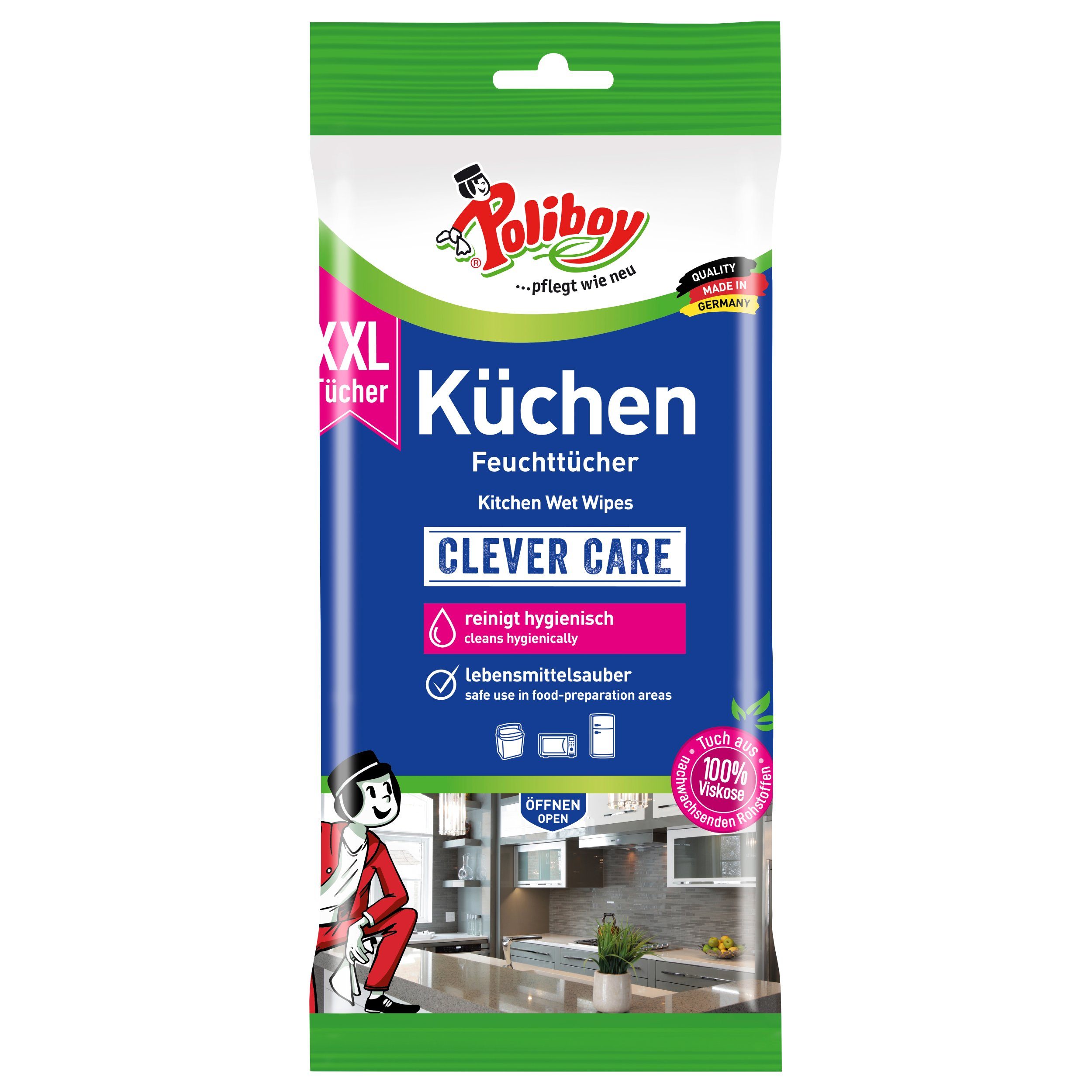 poliboy Küchen Feuchttücher – 24 Maxi-Tücher – Reinigungstücher (25×20 cm, zur Reinigung für alle abwaschbaren Oberflächen – Made in Germany)