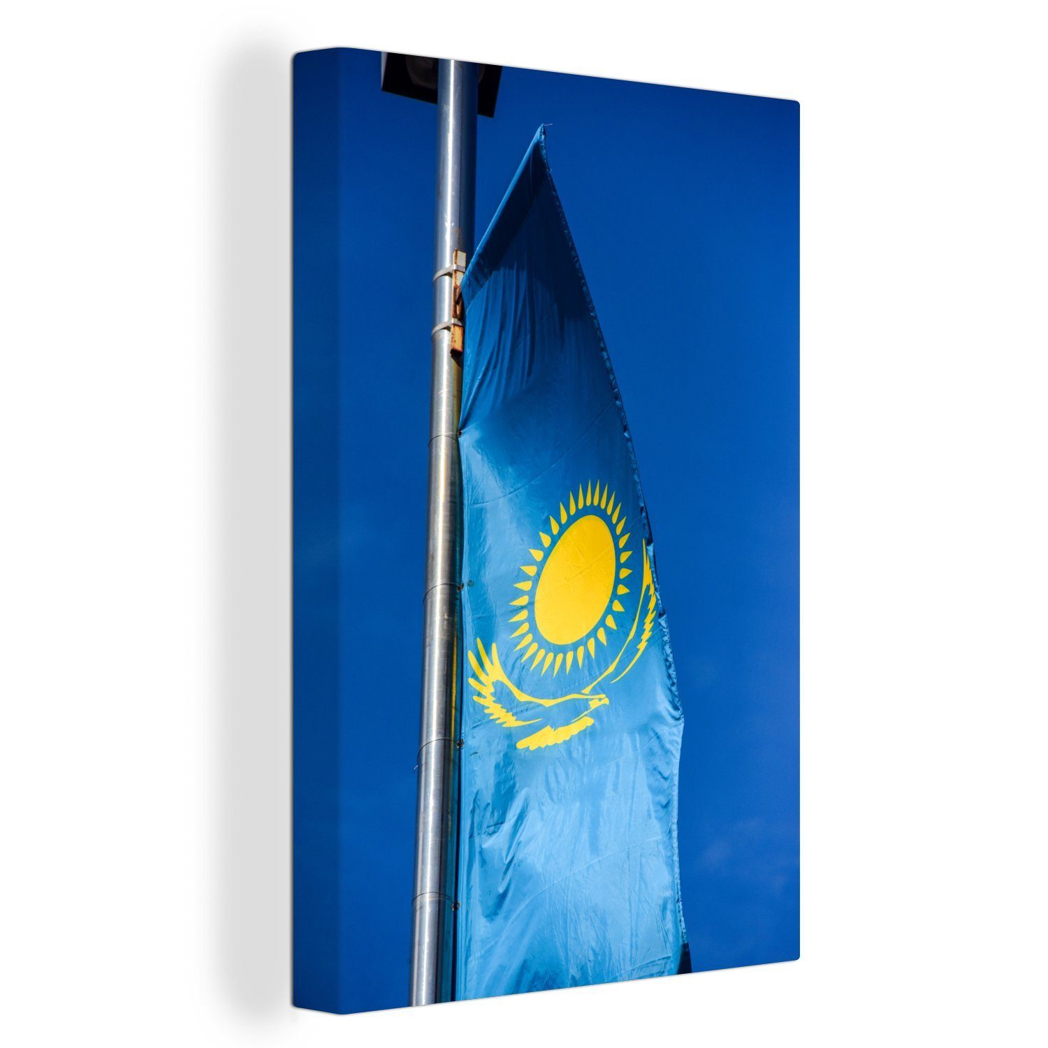bespannt Leinwandbild Leinwandbild inkl. fertig St), Gemälde, (1 von Flagge Zackenaufhänger, Kasachstan, OneMillionCanvasses® 20x30 cm