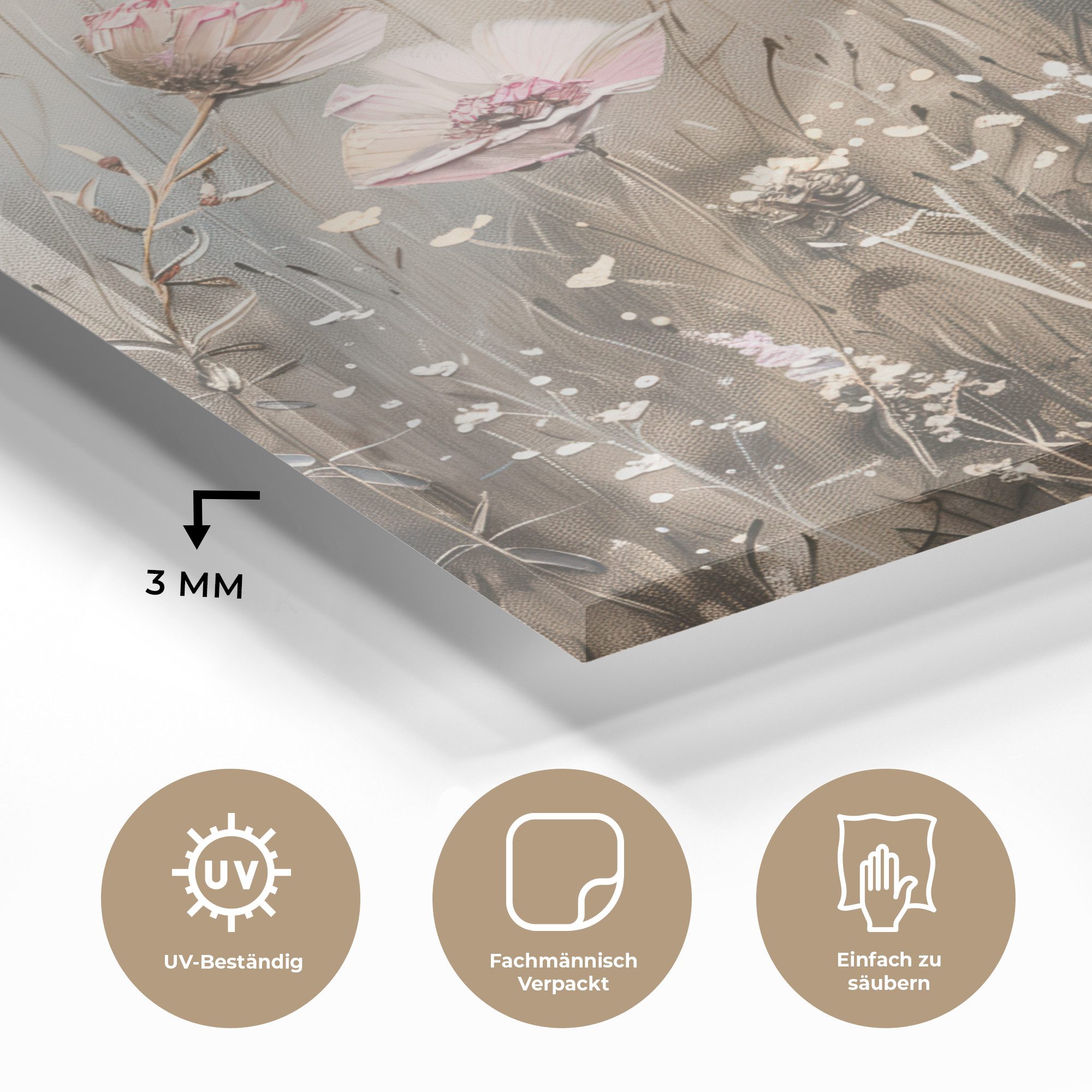 MuchoWow Acrylglasbild Blumen - Rosa - Modern - Beige, Inkl. Aufhängung, Bilder auf Glas Wandbild, Wanddeko Wohnzimmer Badezimmer, 20x20 cm