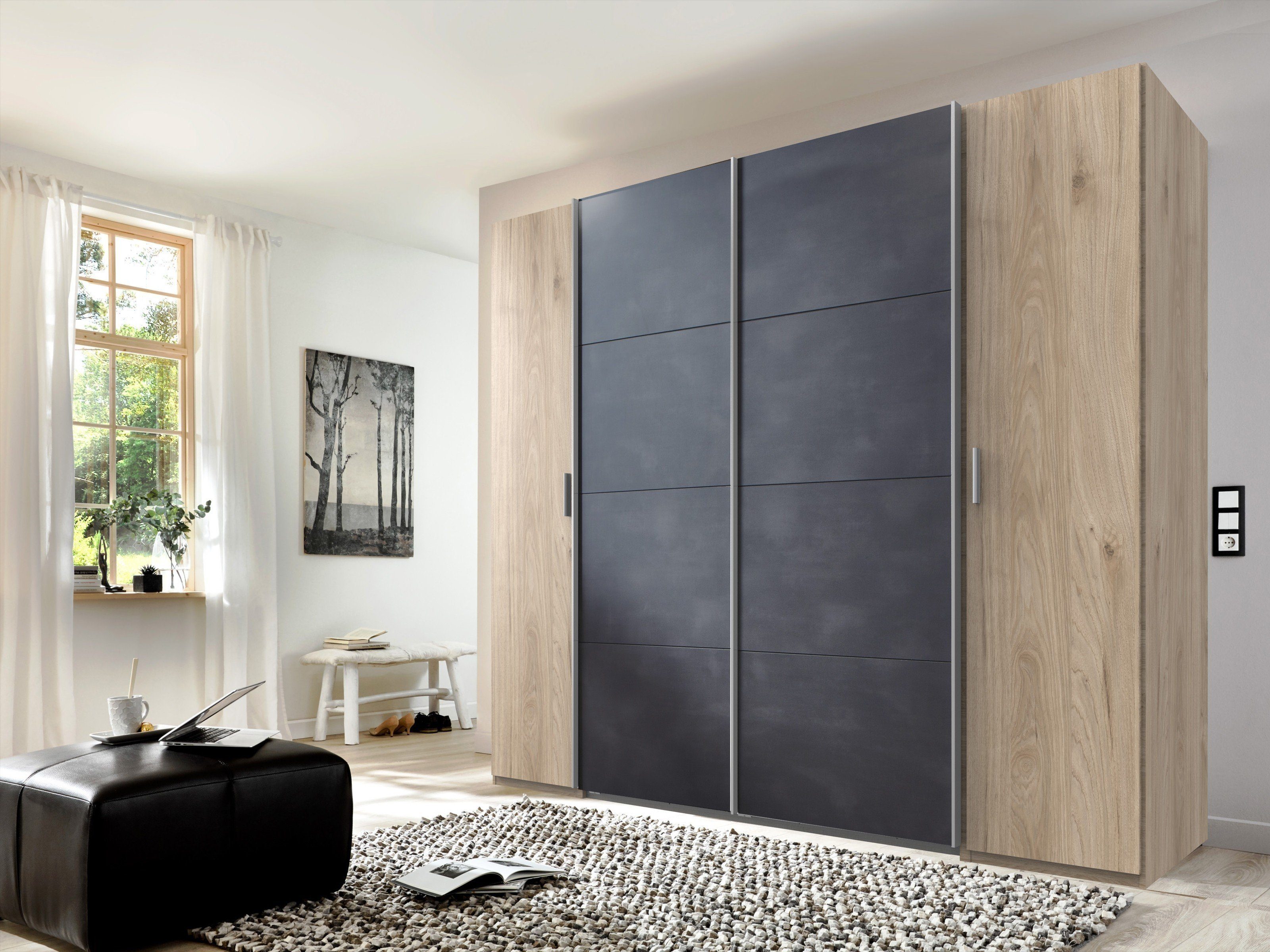 freiraum Dreh-/Schwebetürenschrank Lotto (BxH: 227x210 cm) in HICKORY OAK NACHBILDUNG + RAW STEEL mit 4 Türen und 10 Einlegeböden