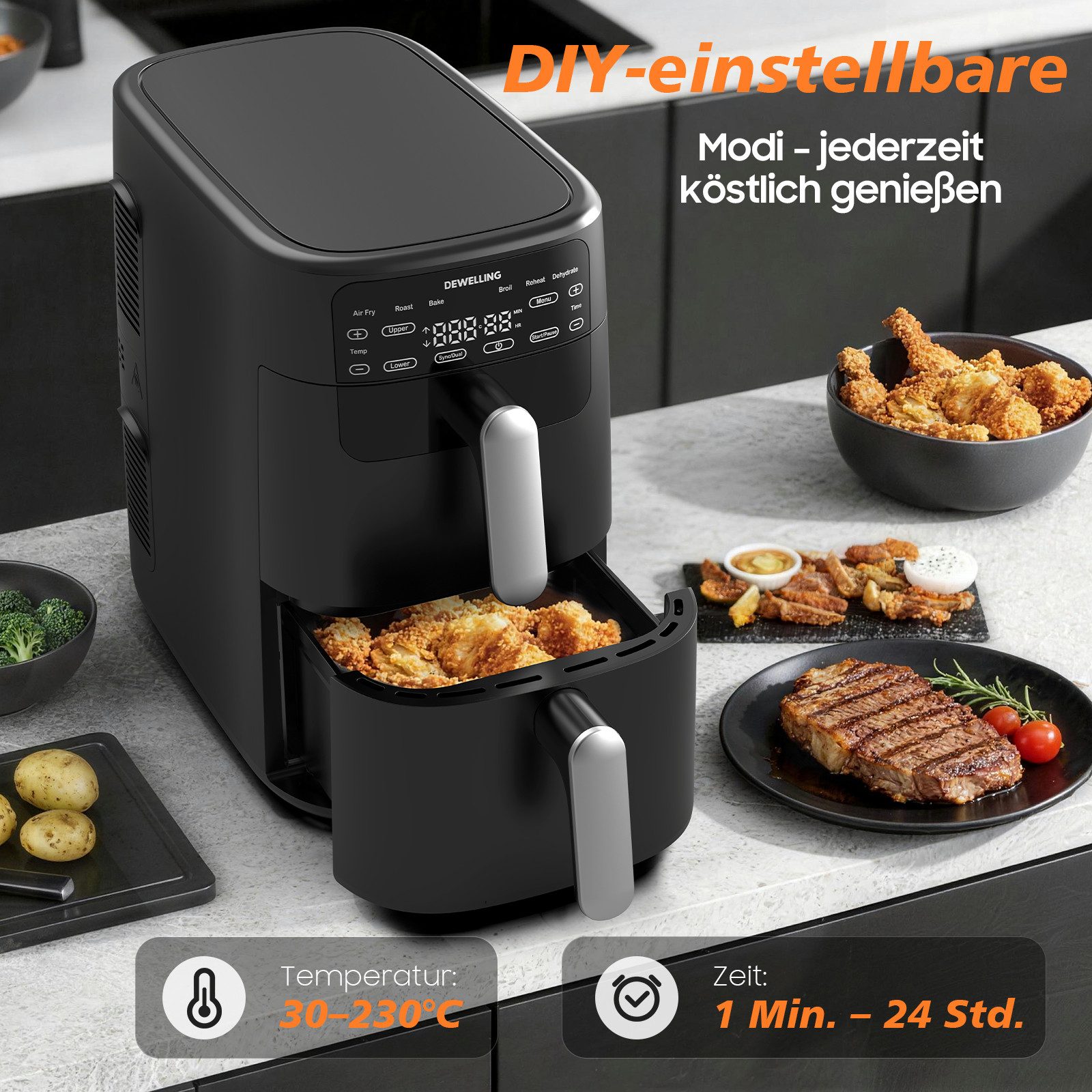 AIMAX Heißluftfritteuse 10L Dual-Korb Air Fryer mit Digitaldisplay, fettarmes Frittieren für Familien, 2700 W, 6 programme & Knusprige Ergebnisse mit wenig Öl, 360° Luftzirkulation
