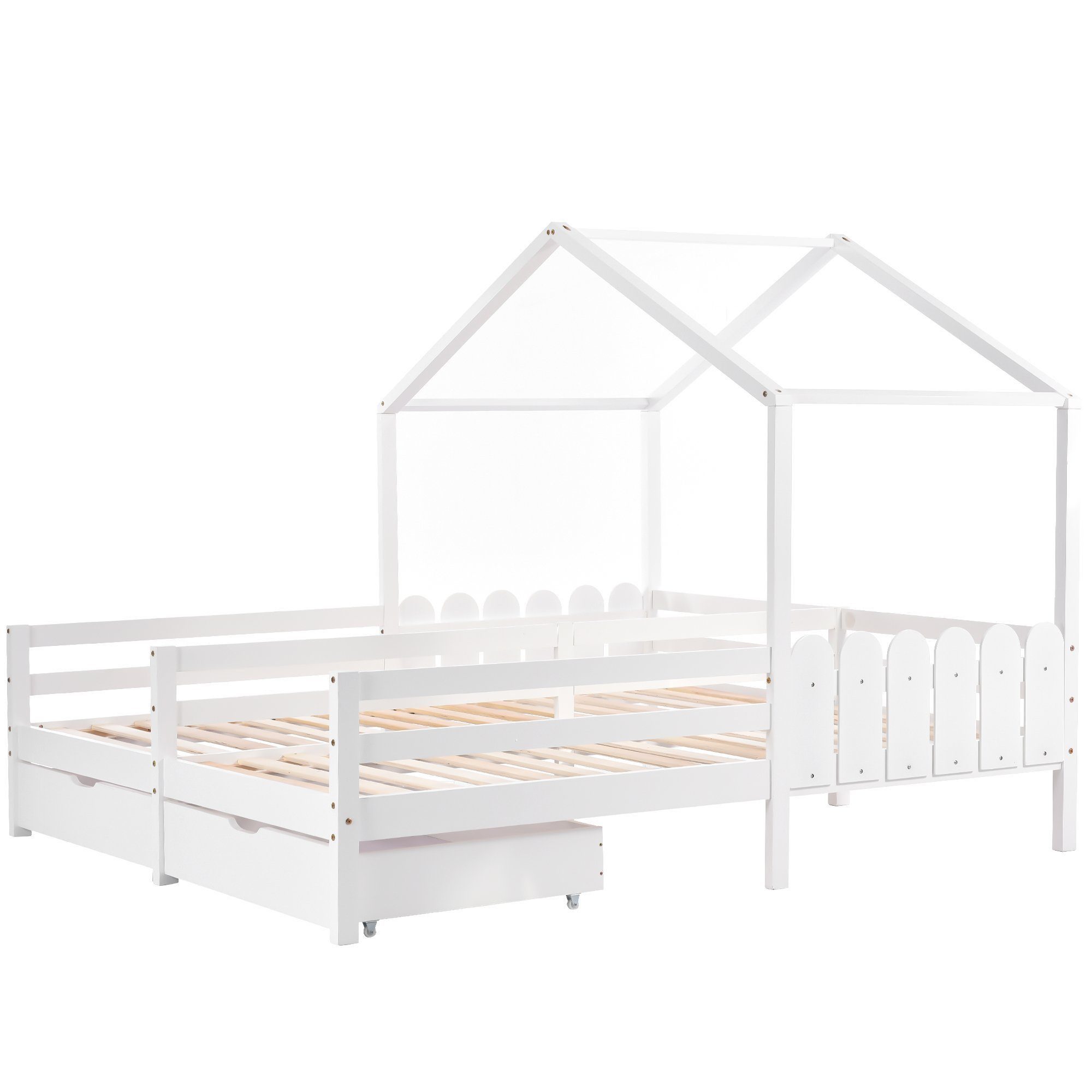 Odikalo Kinderbett Doppelbett, Gitterbett m. 2 Schubladen auf Rollen, Lattenrost Kiefer
