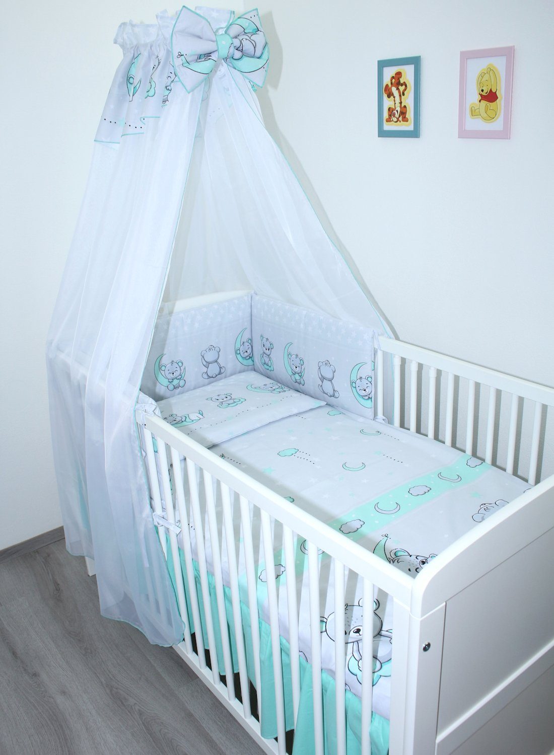 Babybettwäsche Baby Bettset - 6 teiliges Set mit Chiffon Himmel Bettwäsche Nestchen