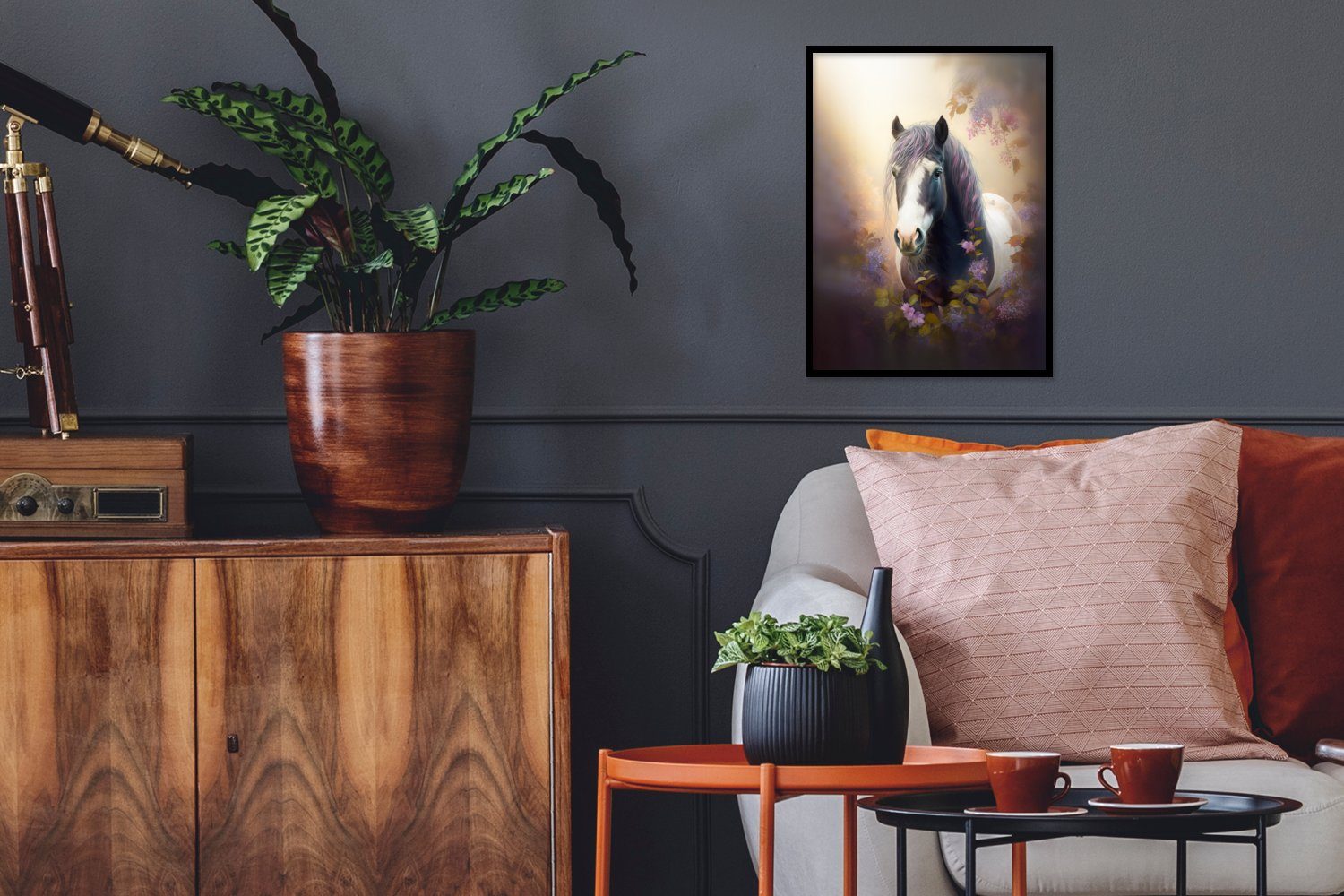 Tiere - Kunstdruck, - St), Lila, Schwarzem Rahmen, Bilderrahmen Gerahmtes Pferd - mit (1 - Poster, Natur Poster MuchoWow Blumen