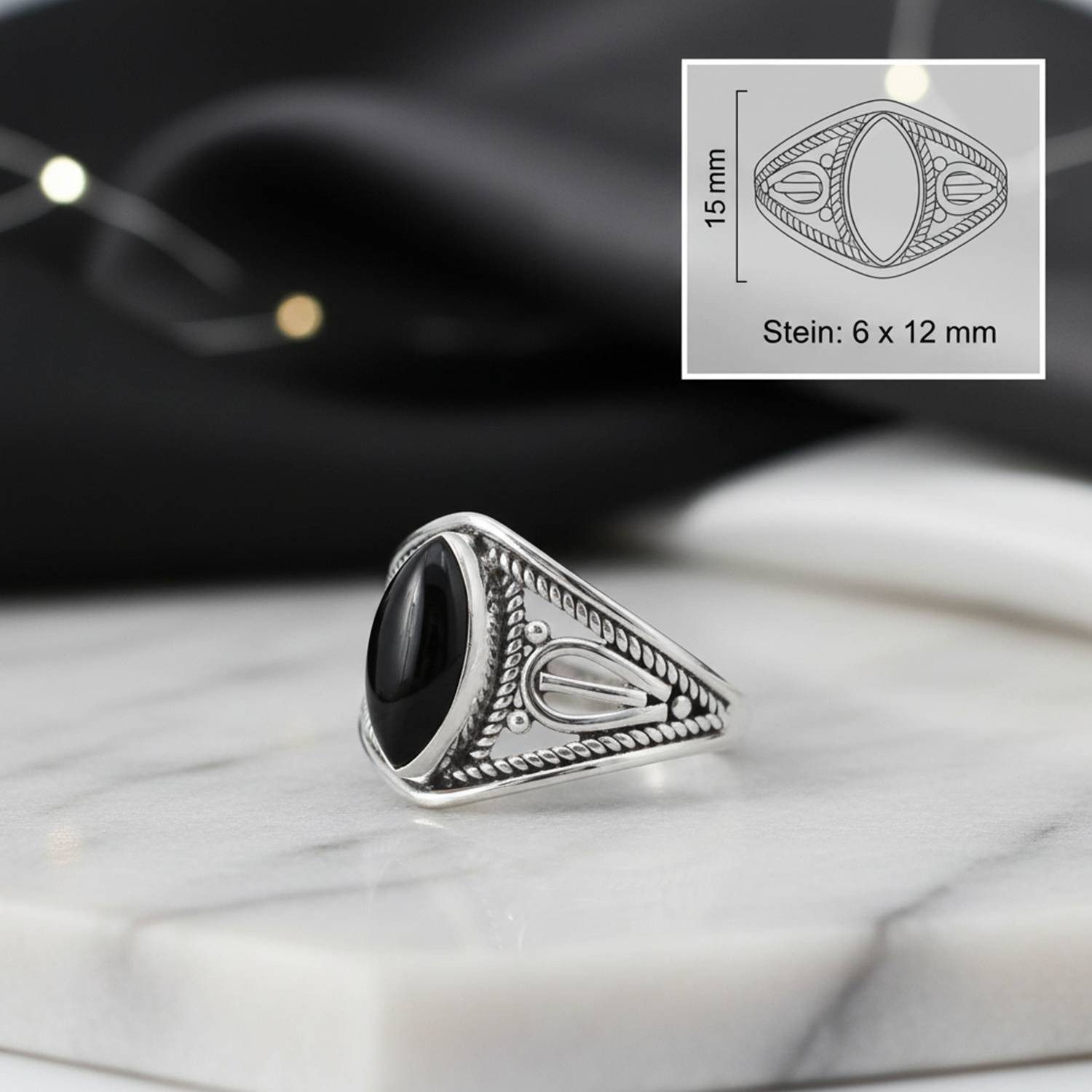 mantraroma Silberring DAHAB Ellipse aus 925 Silber mit Onyx (Ring mit Schmuckbeutel), Damenring aus 925er Silber