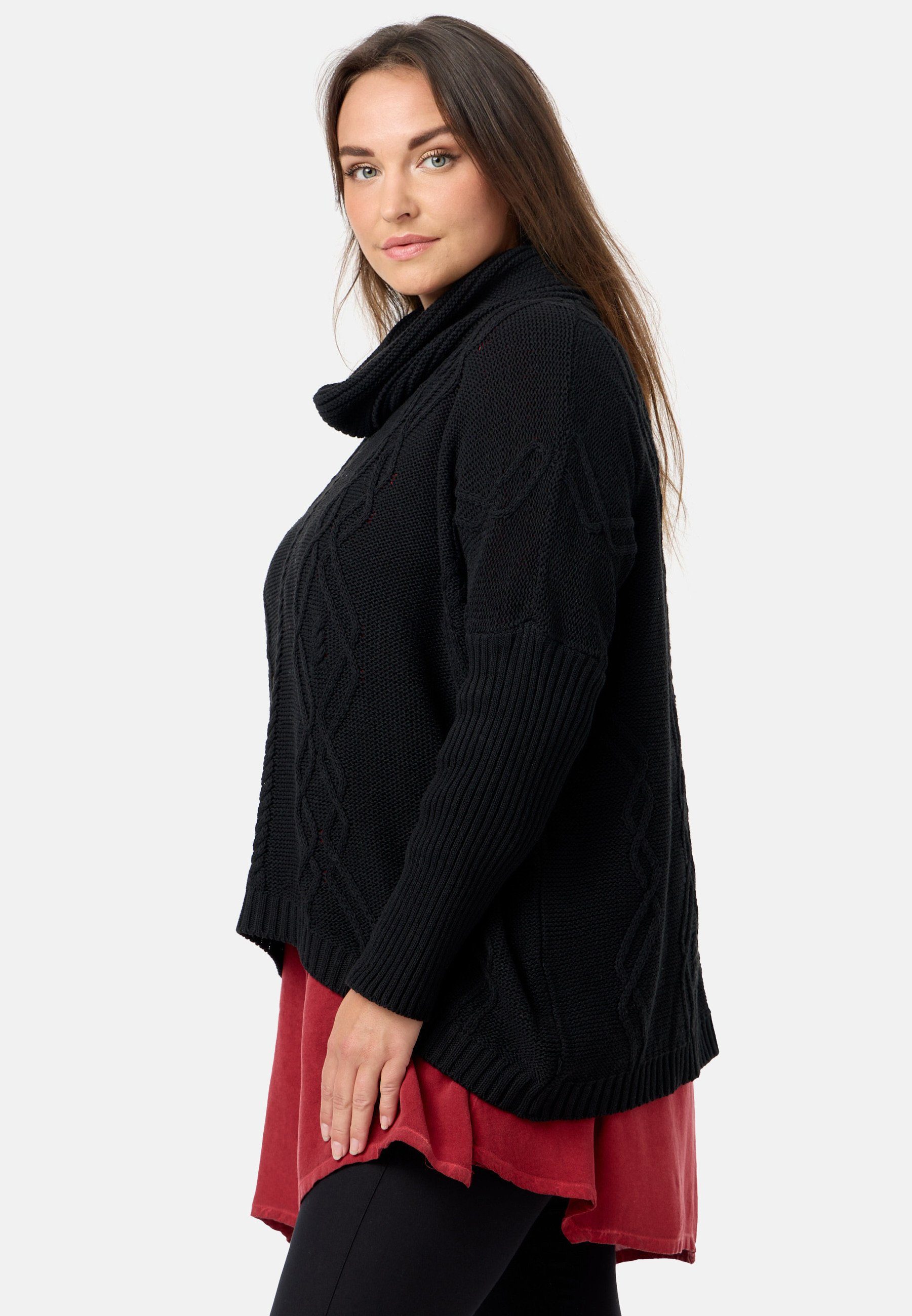 Baumwolle 100% 'Pure' mit Schalkragen Strick Poncho-Shirt aus Strickpullover Kekoo Schwarz