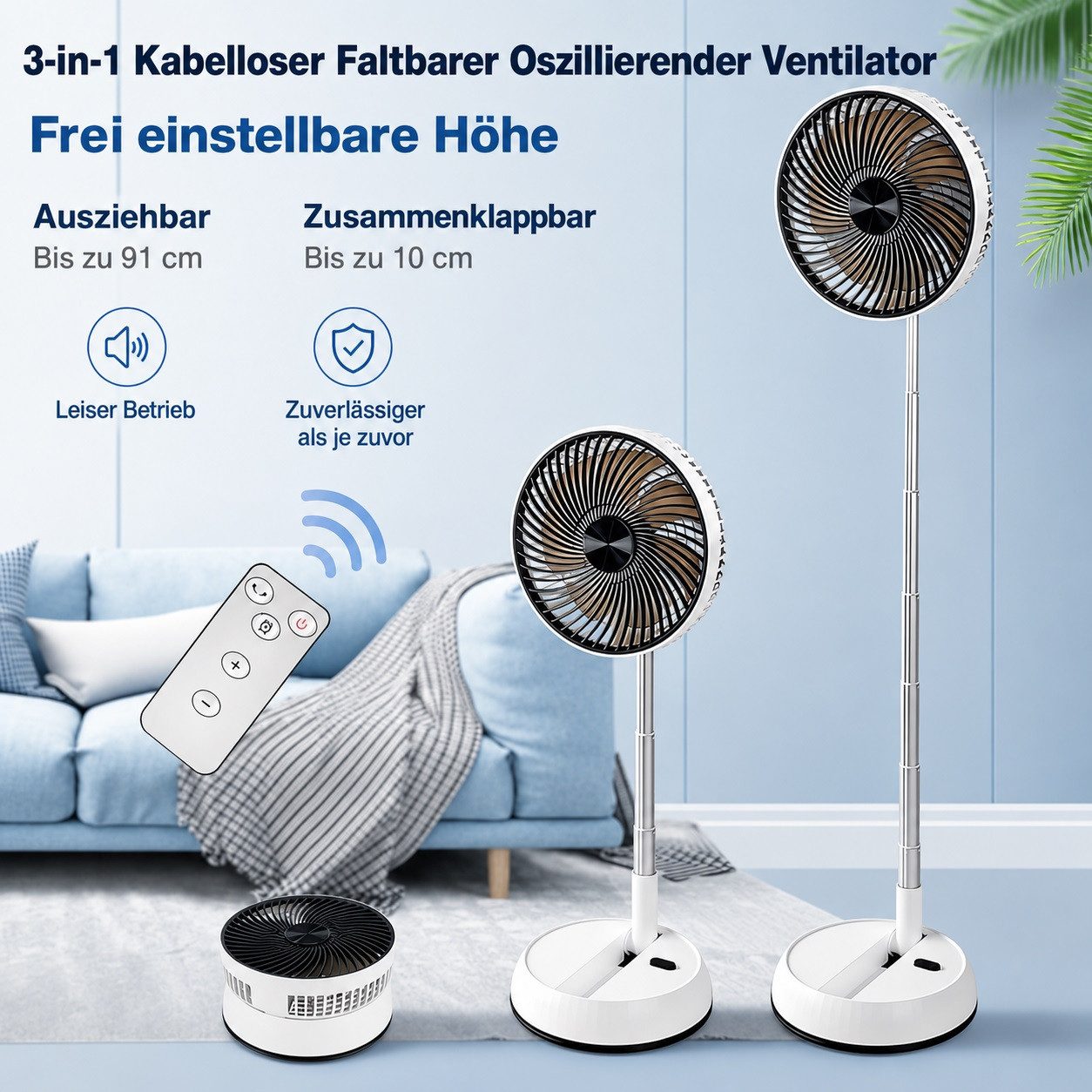 MOPUEA Akku-Standventilator Akku-Standventilator mit Fernbedienung, Tragbarer zusammenklappbarer, Höhenverstellbar, 4 Geschwindigkeitsstufen, mit Fernbedienung für Büro