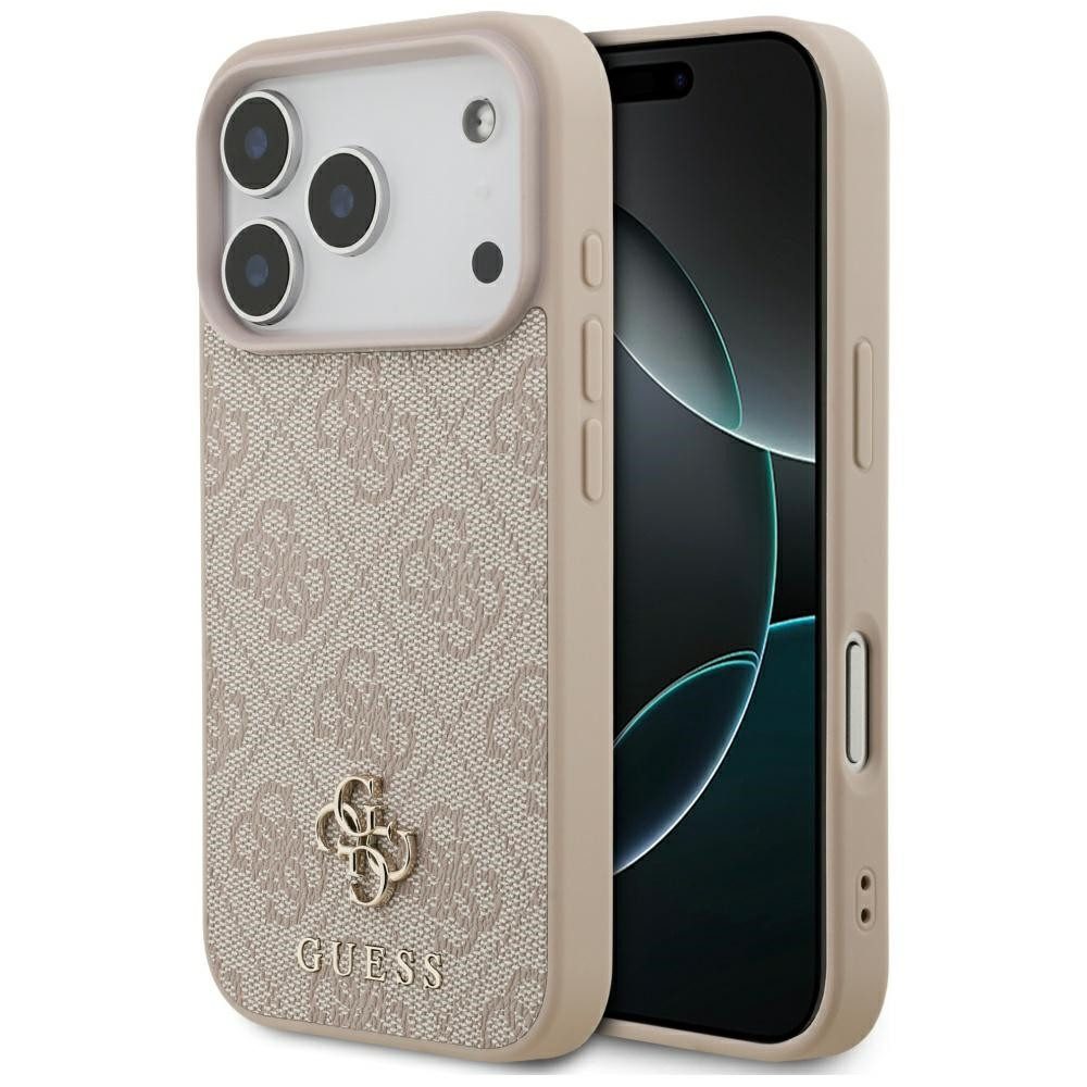 Guess Handyhülle Case iPhone 17 Pro MagSafe Kunstleder rosa Logo goldfarben 6,3 Zoll, Kantenschutz