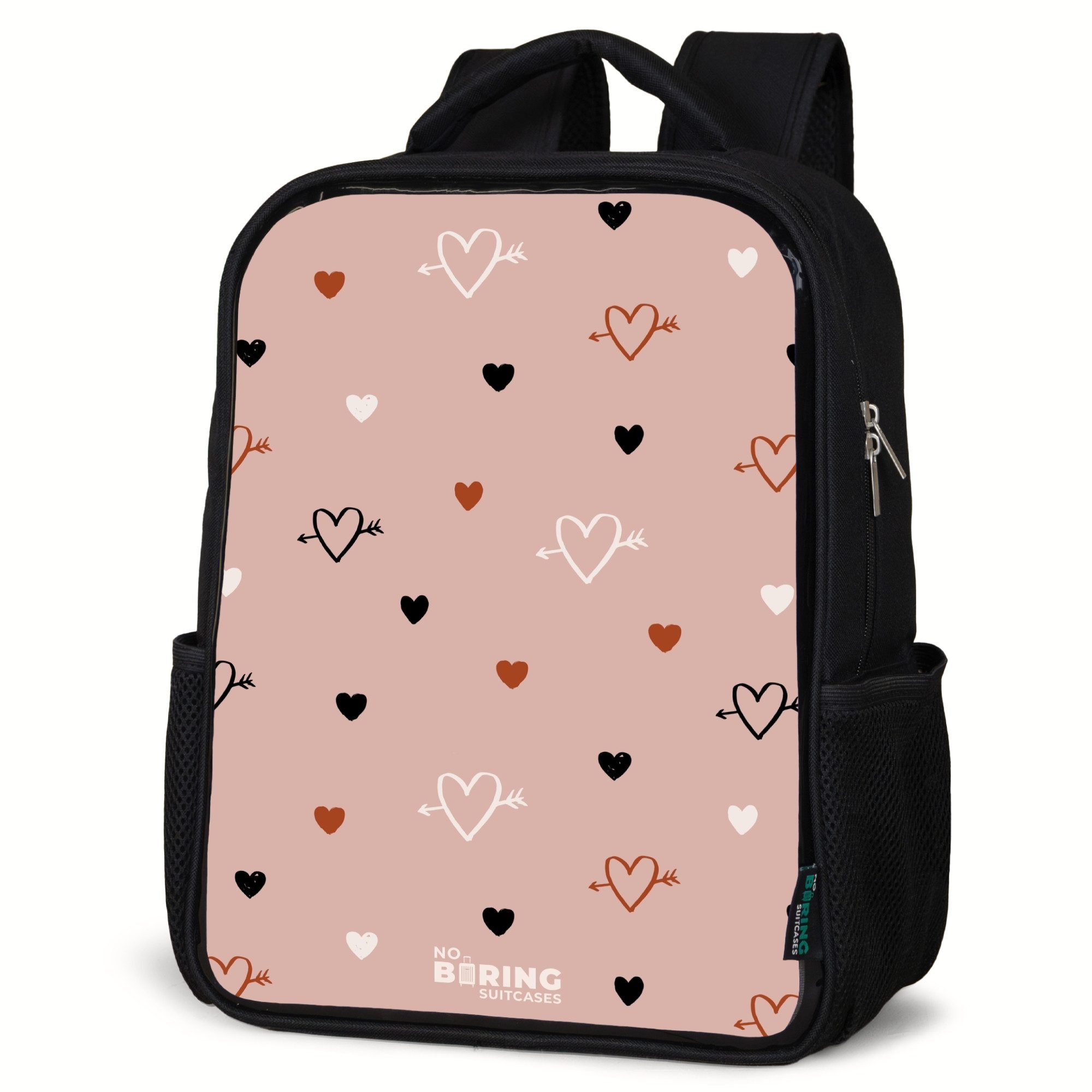 NoBoringSuitcases.com© Rucksack Herzen mit Pfeilen in Schwarz, Weiß und Rosa, Kinderrucksack Schwarz, Schulrucksack, Freizeitrucksack Jungen Mädchen