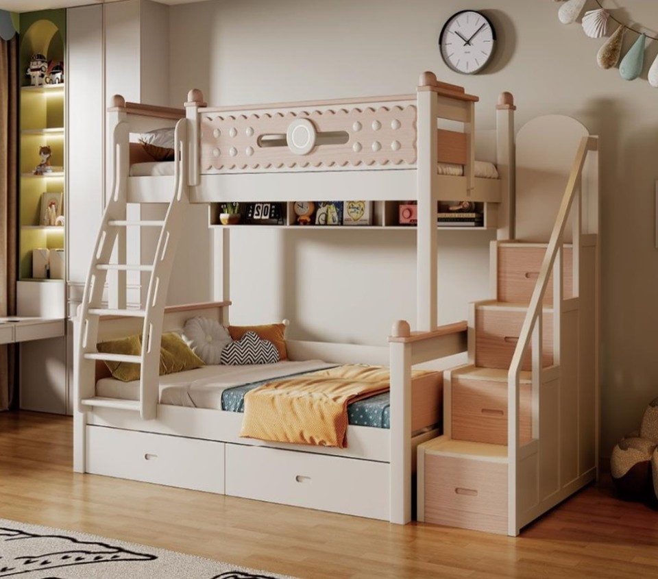 Xlmoebel Etagenbett XLMOEBEL Doppelstockbett aus Holz in Weiß mit Stauraum (Etagenbett, Doppelstockbett mit Stauraum), Made in Europa