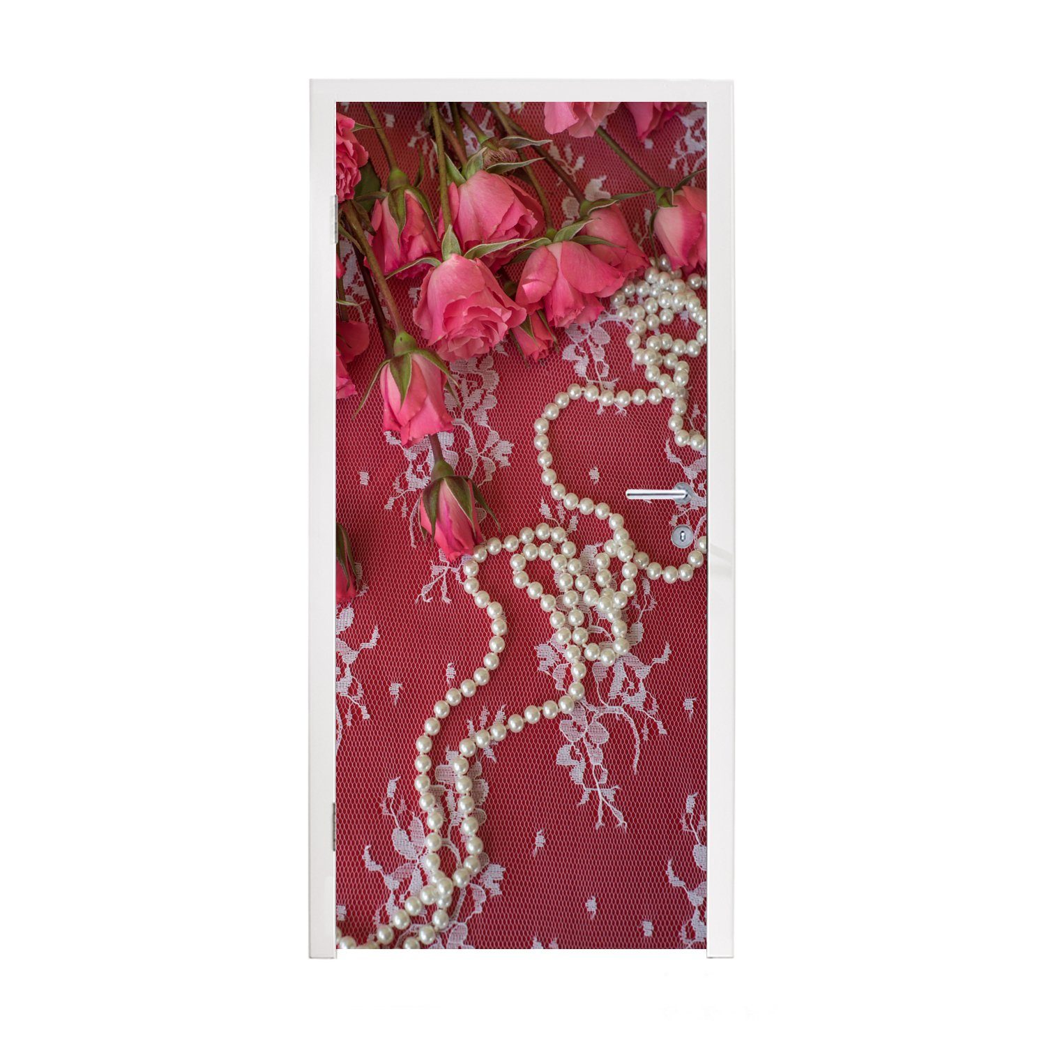Fototapete bedruckt, Tür, für Bouquet Rosen, cm (1 Türaufkleber, mit St), entlang Matt, MuchoWow Türtapete 75x205 rosa Perlenketten