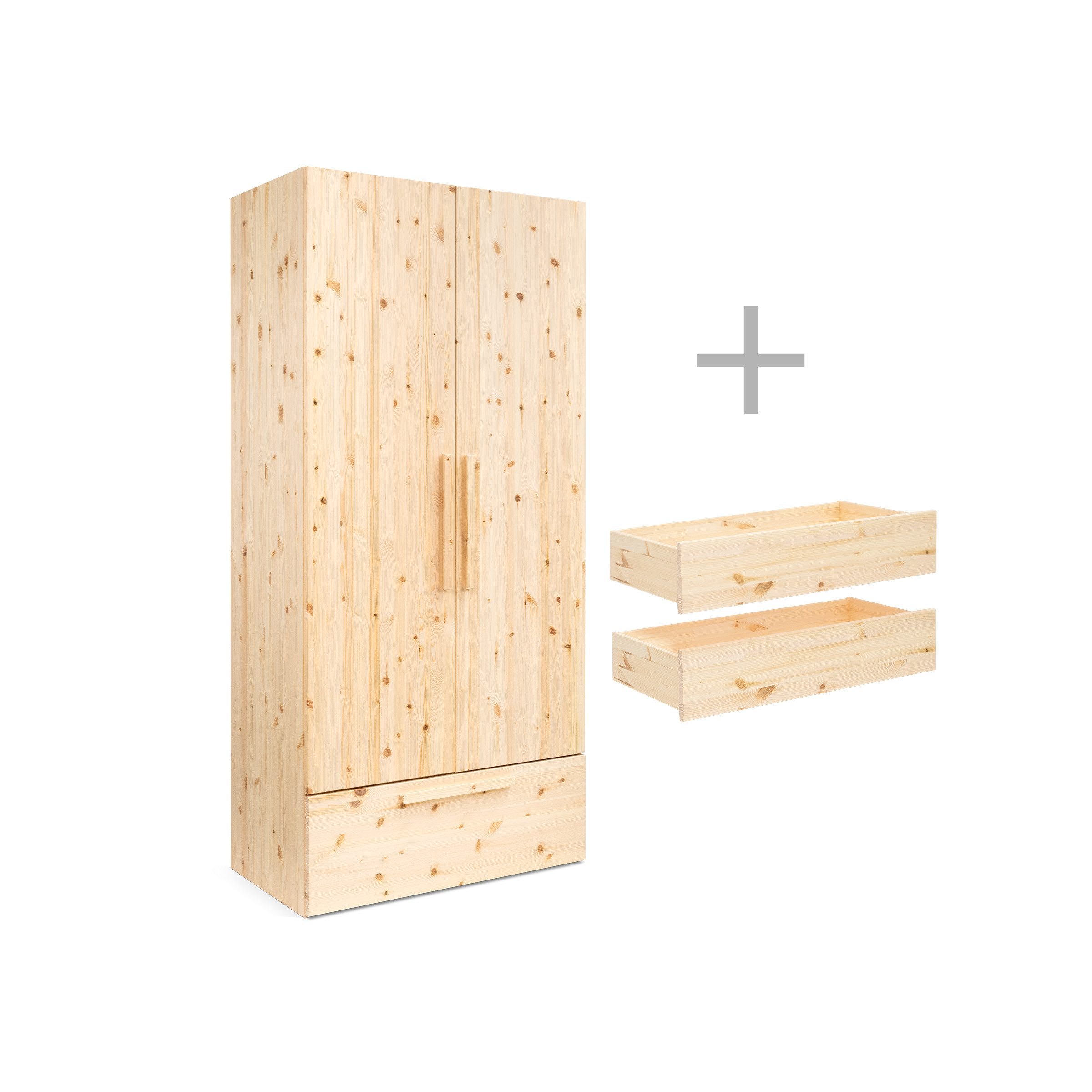 Ehrenkind Kleiderschrank Linia 100 cm aus Kiefernholz (inkl. Kleiderstange, 2 Einlegeböden, Rollschublade und 2 Innenschubladen, maximale Stauraumlösung mit flexibler Innenorganisation) individuell nutzbares Rastersystem