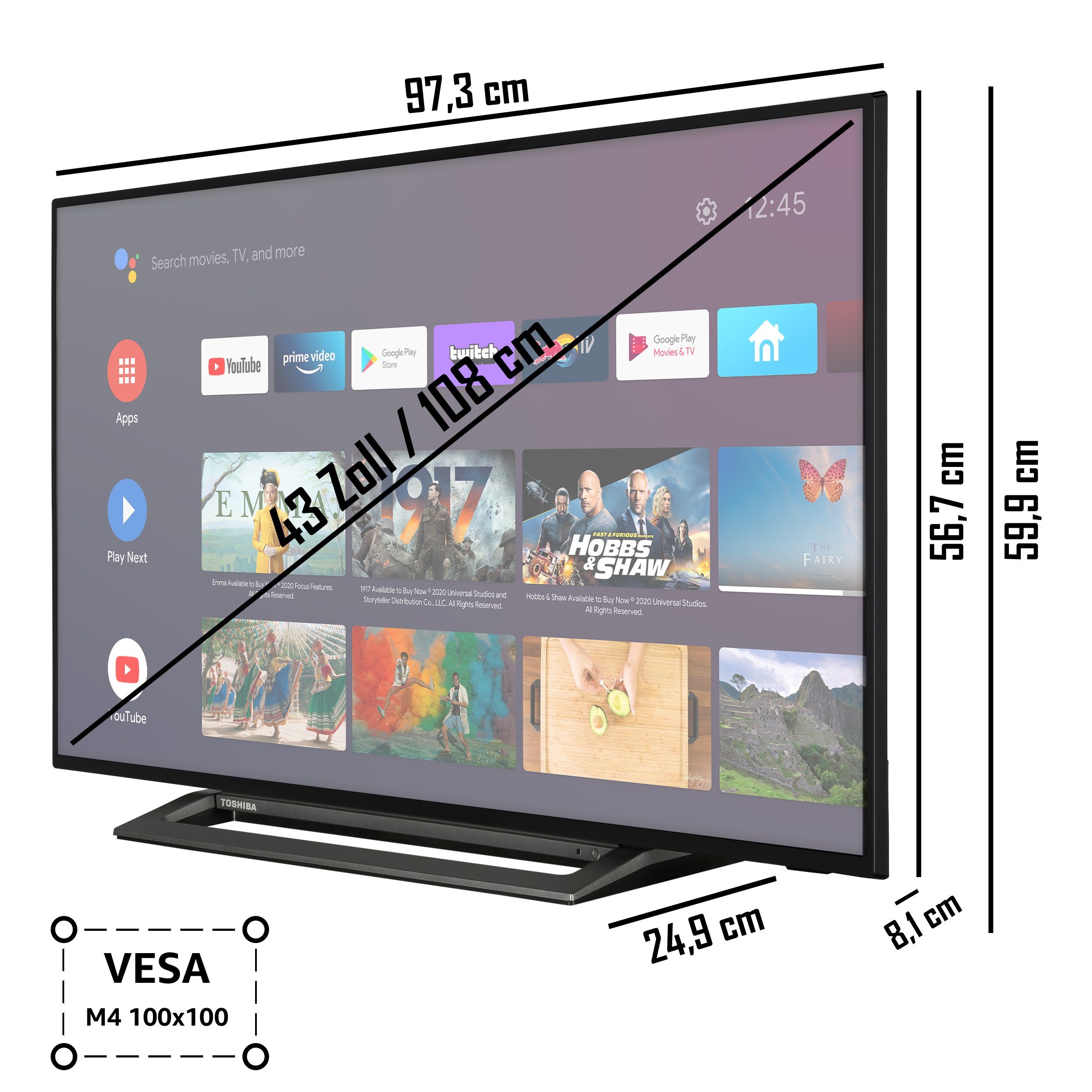 Triple-Tuner, Store, Fernseher Full Toshiba (108 cm/43 43LA3B63DGW PVR-ready) Play HD, Assistant, Android LCD-LED TV, Zoll, Google