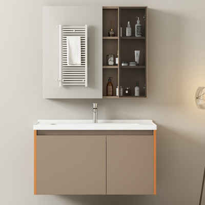 PFCTART Waschbeckenunterschrank Badezimmer Badmöbel Set :Waschbeckenunterschrank hängend (mit Keramikwaschbecken,Spiegelschrank)